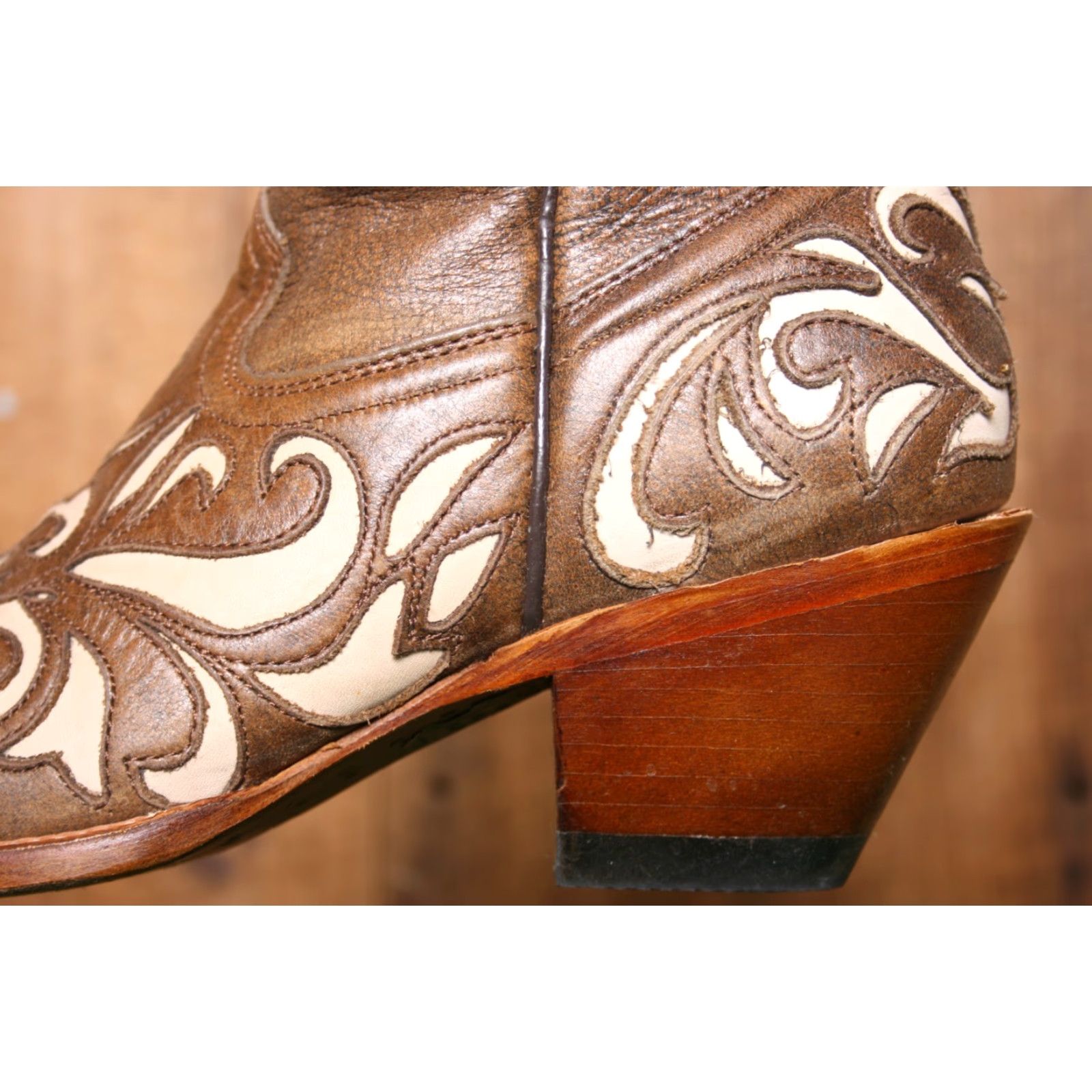 Vintage RL ROCKIN LEATHER Brown Beige Inlay 2.5" Wood Heel Western Cowgirl Boots Sz. 7B Size US 7 / IT 37 - 6 Thumbnail