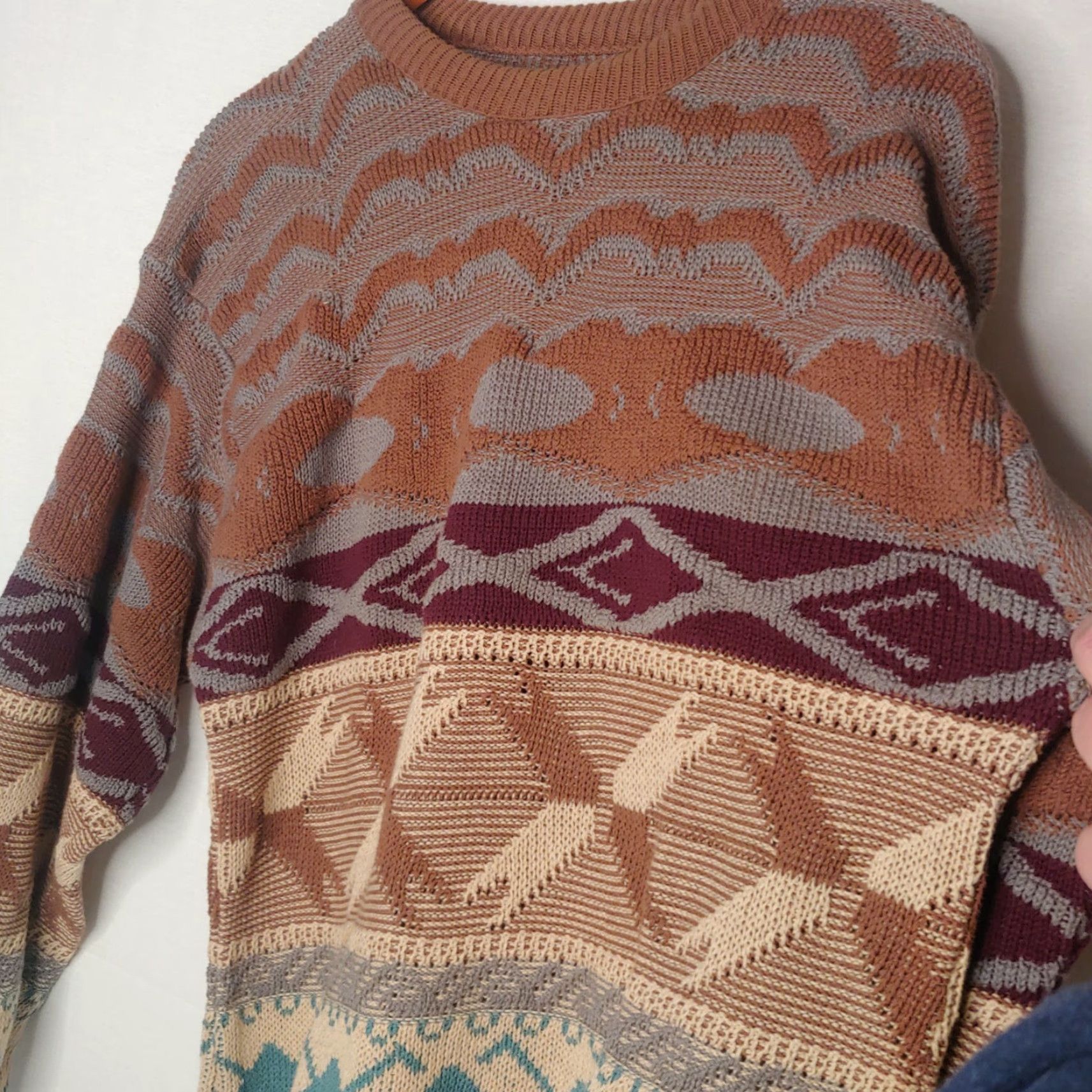 Vintage VINTAGE 1970s Men Sweater Pullover Crew Neck Long Sleeve Geometric Knit Acrylic Large Brown Blue Retro Grandpa Size US L / EU 52-54 / 3 - 2 Thumbnail