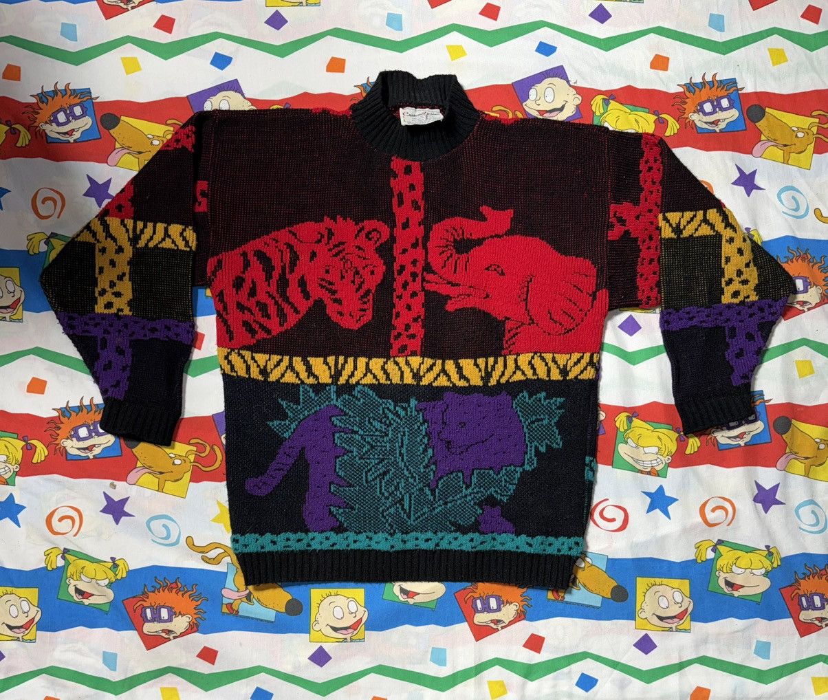 Other Vintage 80s Novelty Animal Safari Circus Zoo Knit Sweater Size L / US 10 / IT 46 - 1 Thumbnail