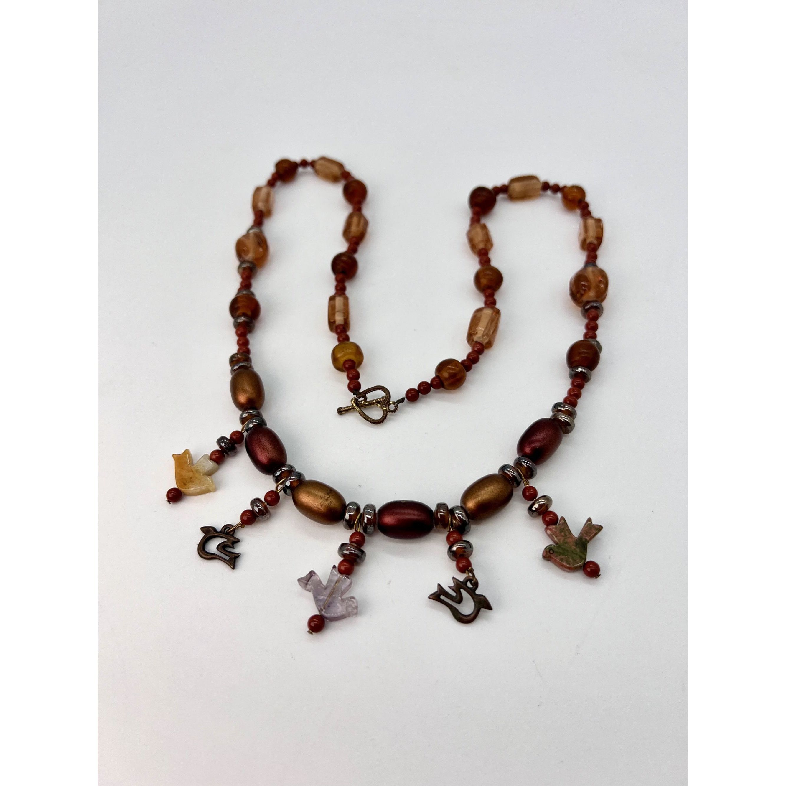 Vintage Vintage Bird Charm Necklace Mixed Beads Orange Copper Tone H Size ONE SIZE - 4 Thumbnail