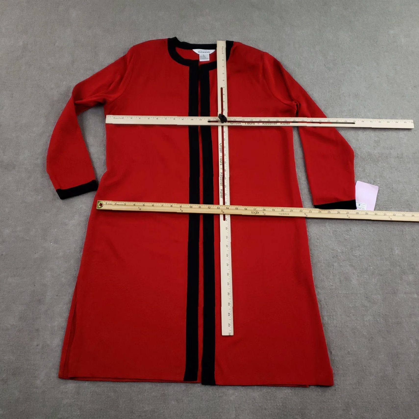 Vintage Misook Sweater Womens Large Red Black Long Open Front Cardigan Jacket Knit Size L / US 10 / IT 46 - 2 Thumbnail