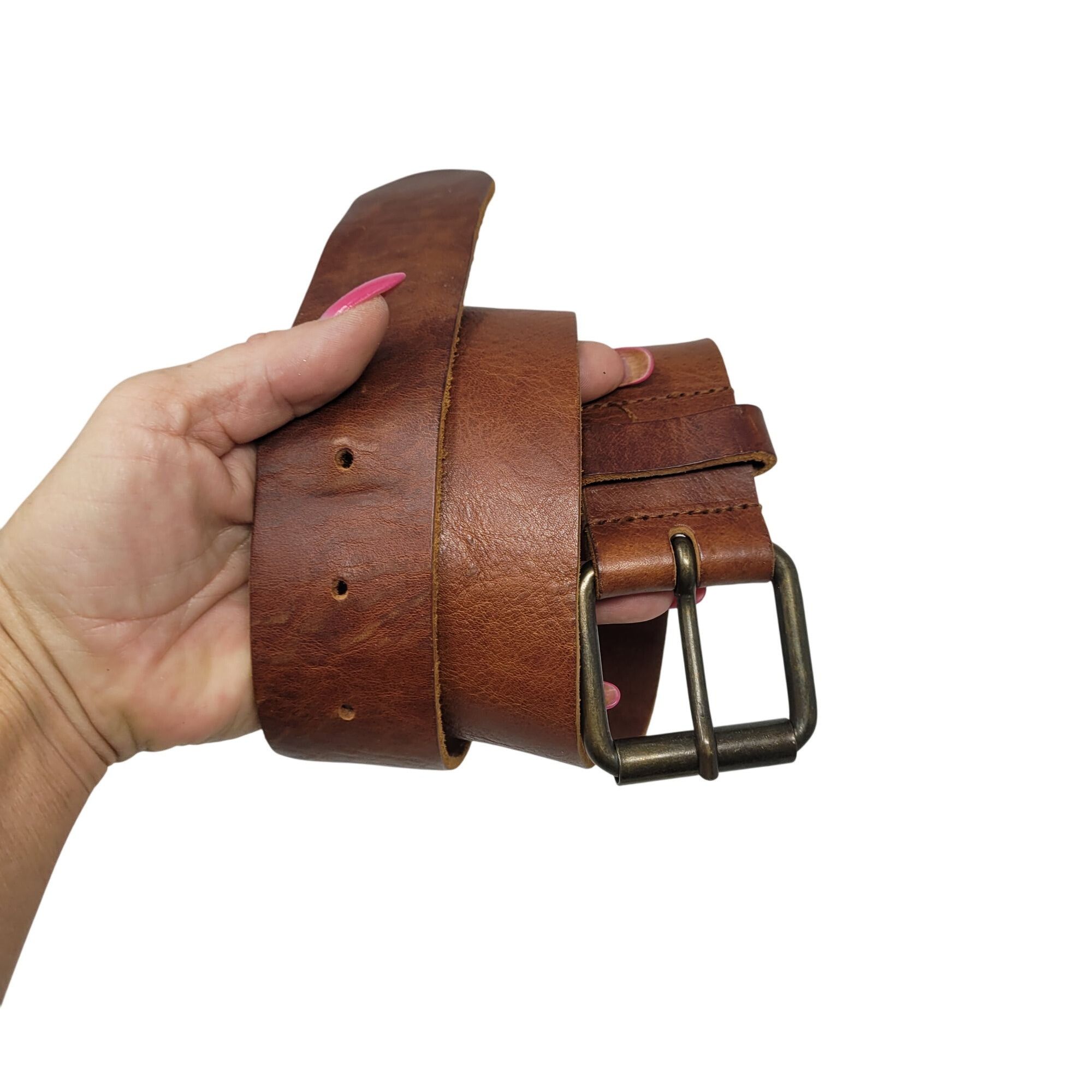 H&M Vintage Mens H&M Thick Rugged Cognac Brown Leather Belt Sz 3 Size 34 - 1 Thumbnail