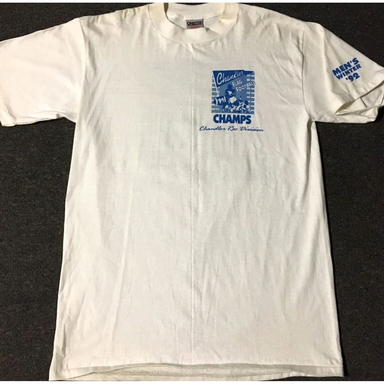 Champion Vintage 90s Chandler Flag Football Champions shirt XL USA Track & Field School PE Grunge 80s Mens White T-Shirt Size US XL / EU 56 / 4 - 2 Thumbnail
