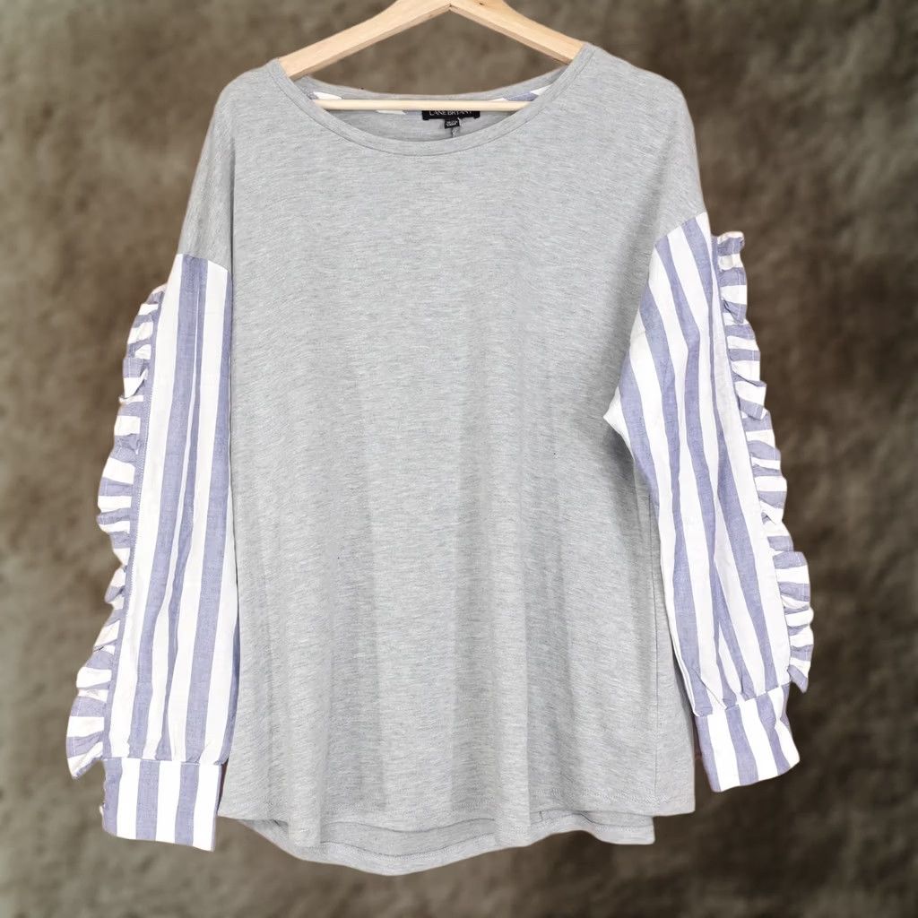 Vintage Lane Bryant Blouse Womens Plus 18/20 Gray Striped Ruffle Long Sleeve Jersey Top Size XXL / US 16-18 / IT 52-54 - 1 Thumbnail