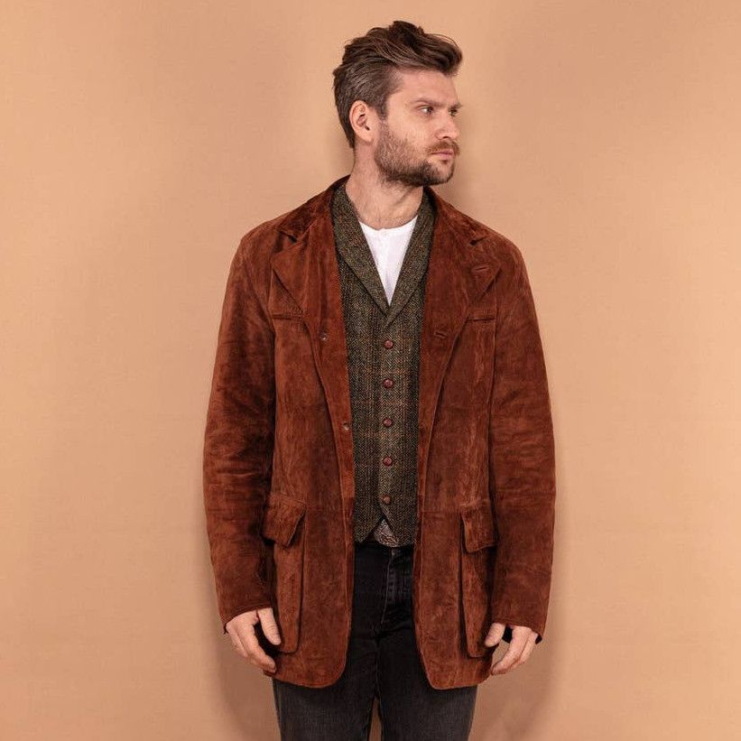 Vintage 90's Men Wool Lined Suede Jacket in Brown