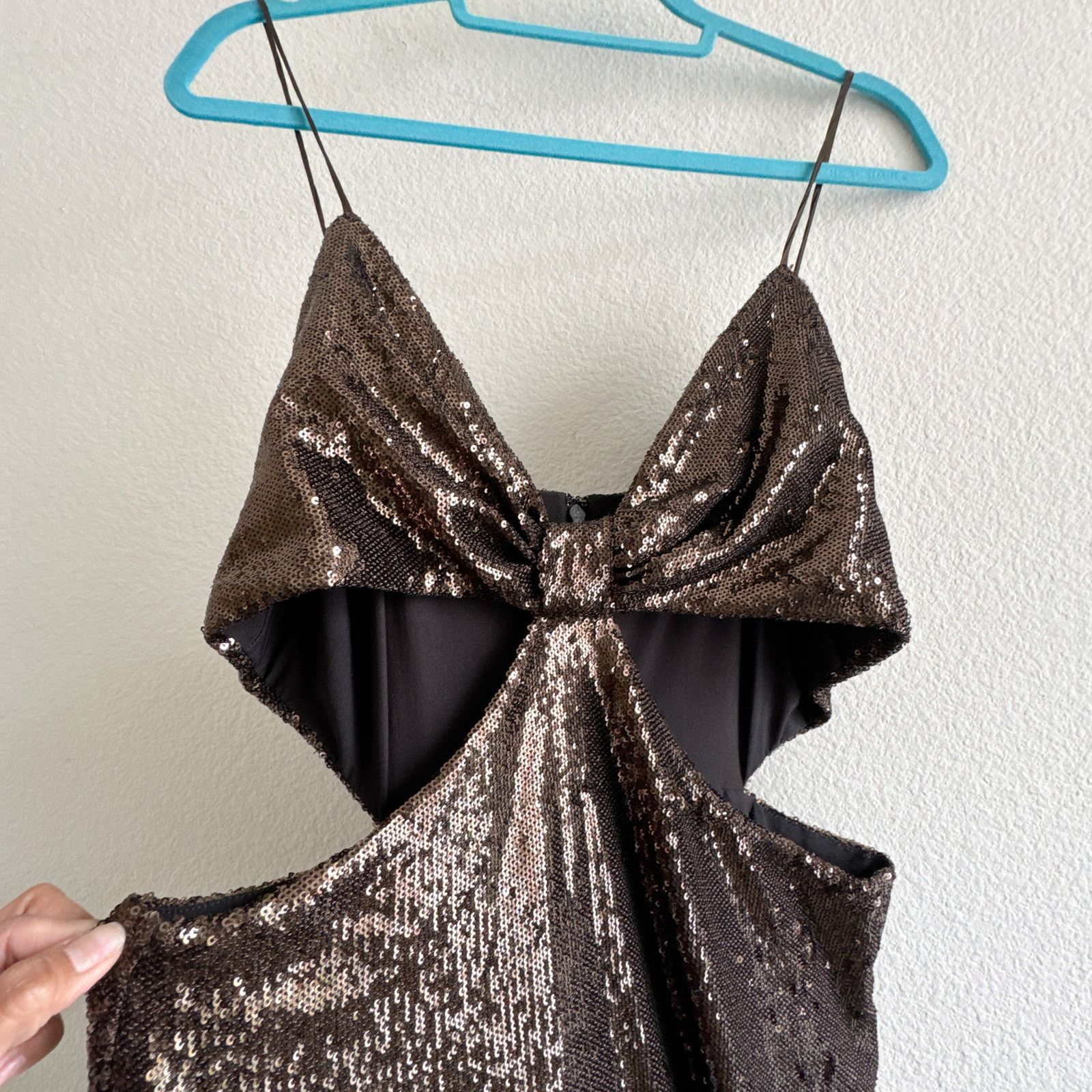 HALSTON Chloe Gown Maxi Dress Sequins Espresso Brown Sz 12