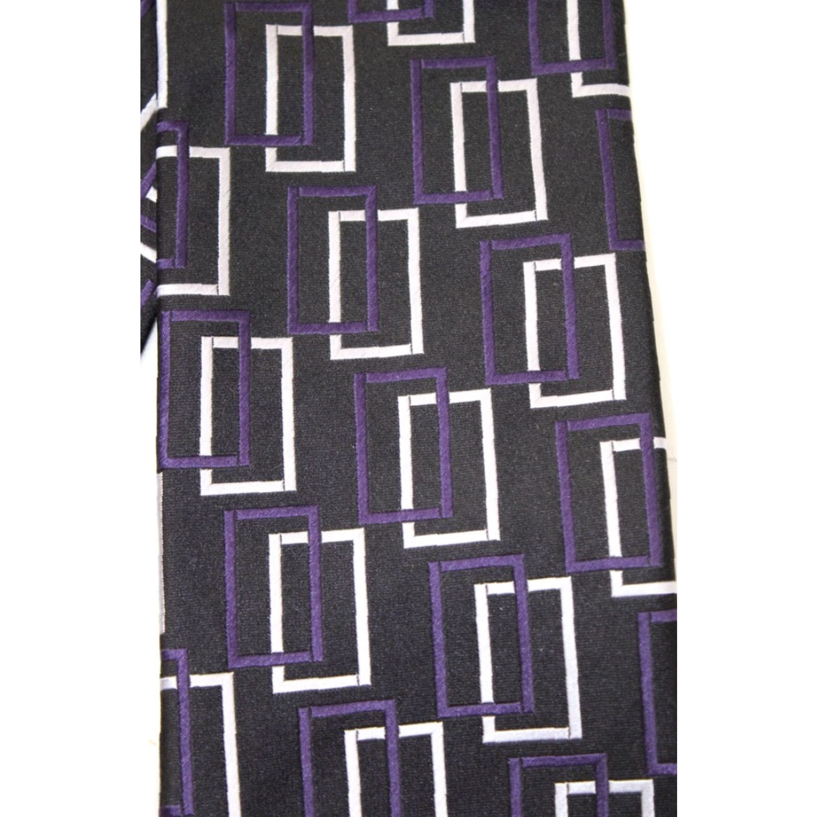 Etro Roberto Villini Couture Mens Silk Tie Black Retro Geometric Rectangles Necktie - 58.5" X 4" Size ONE SIZE - 3 Thumbnail