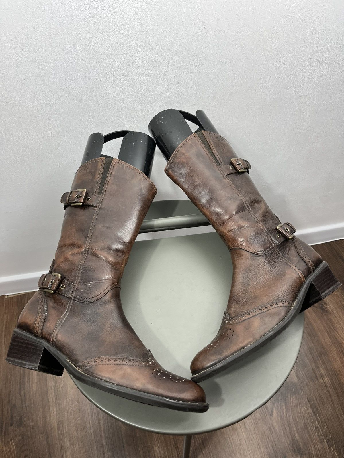 Vintage Brown Leather Buckle Boots US 6.5 Distressed Style