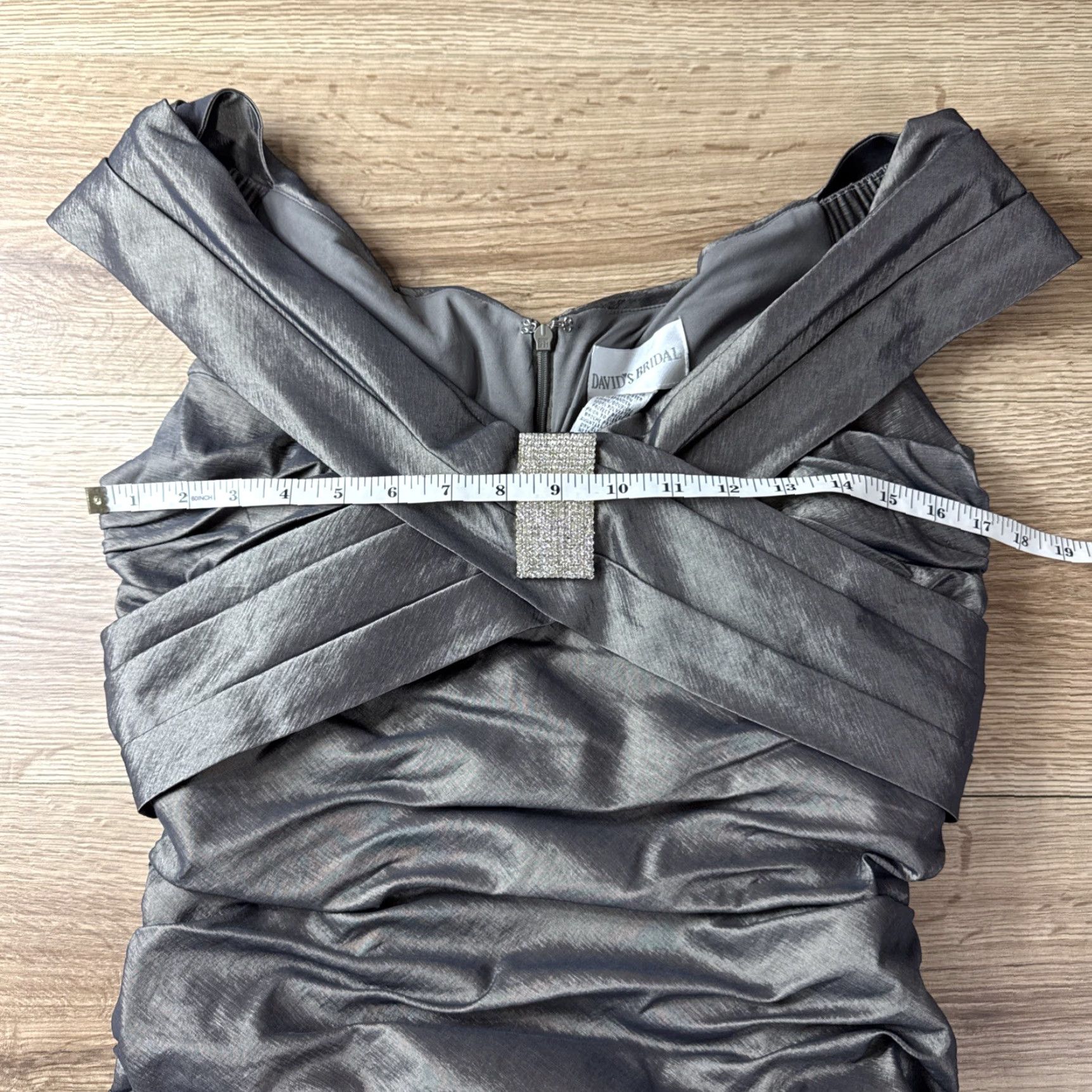 Vintage DAVID'S BRIDAL Off Shoulder Bodycon Dress 10 Gray Jeweled Ruching Womens Size L / US 10 / IT 46 - 4 Thumbnail