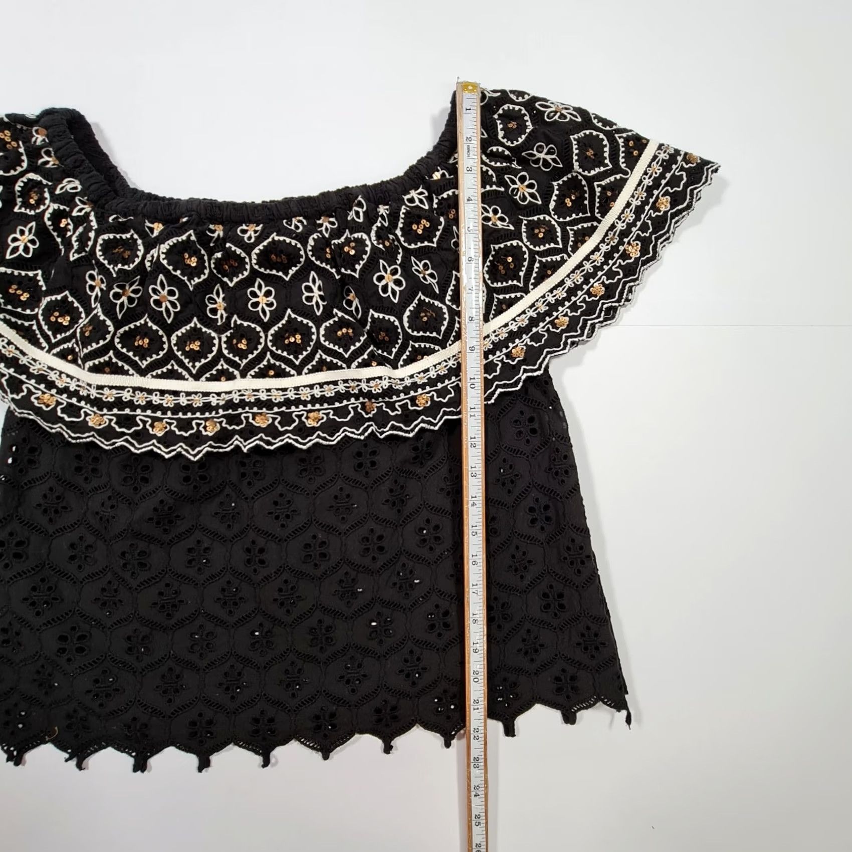 Hemant & Nandita Hemant & Nandita Blouse Womens Off The Shoulder Black Large Top Short Sleeve Satin Crochet Lace Embroidered 100% Cotton Size L / US 10 / IT 46 - 8 Thumbnail