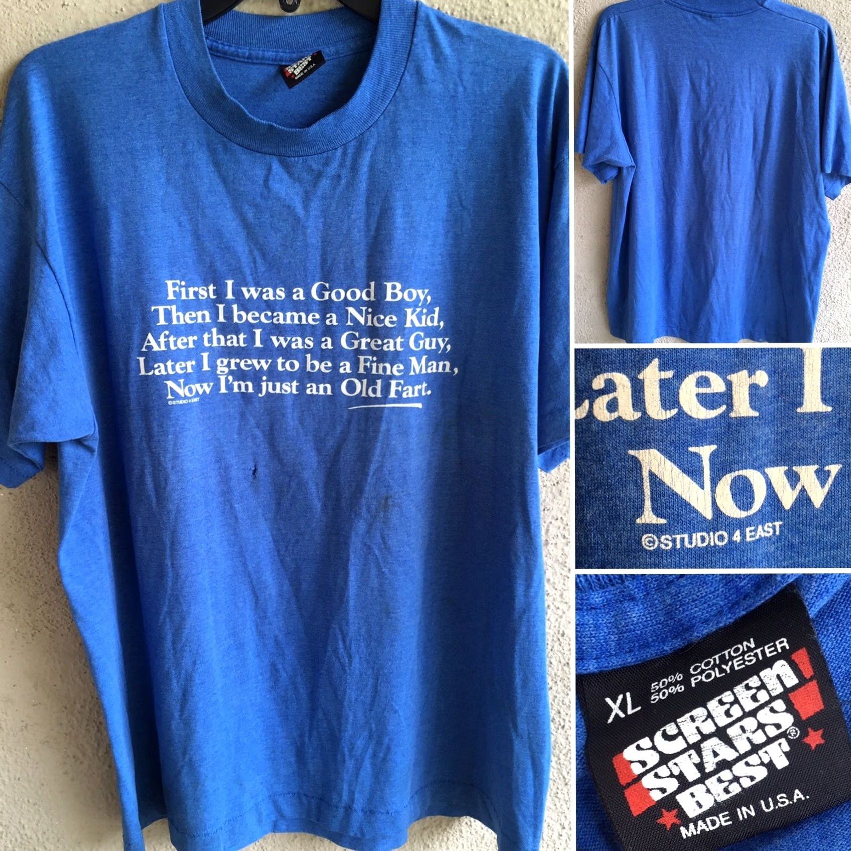 Vintage VINTAGE Old Fart T-Shirt Screen Stars c STUDIO 4 EAST XL Blue 1980s 50/50 Single Stitch Made In USA Mens Graphic Tee Size US XL / EU 56 / 4 - 4 Thumbnail