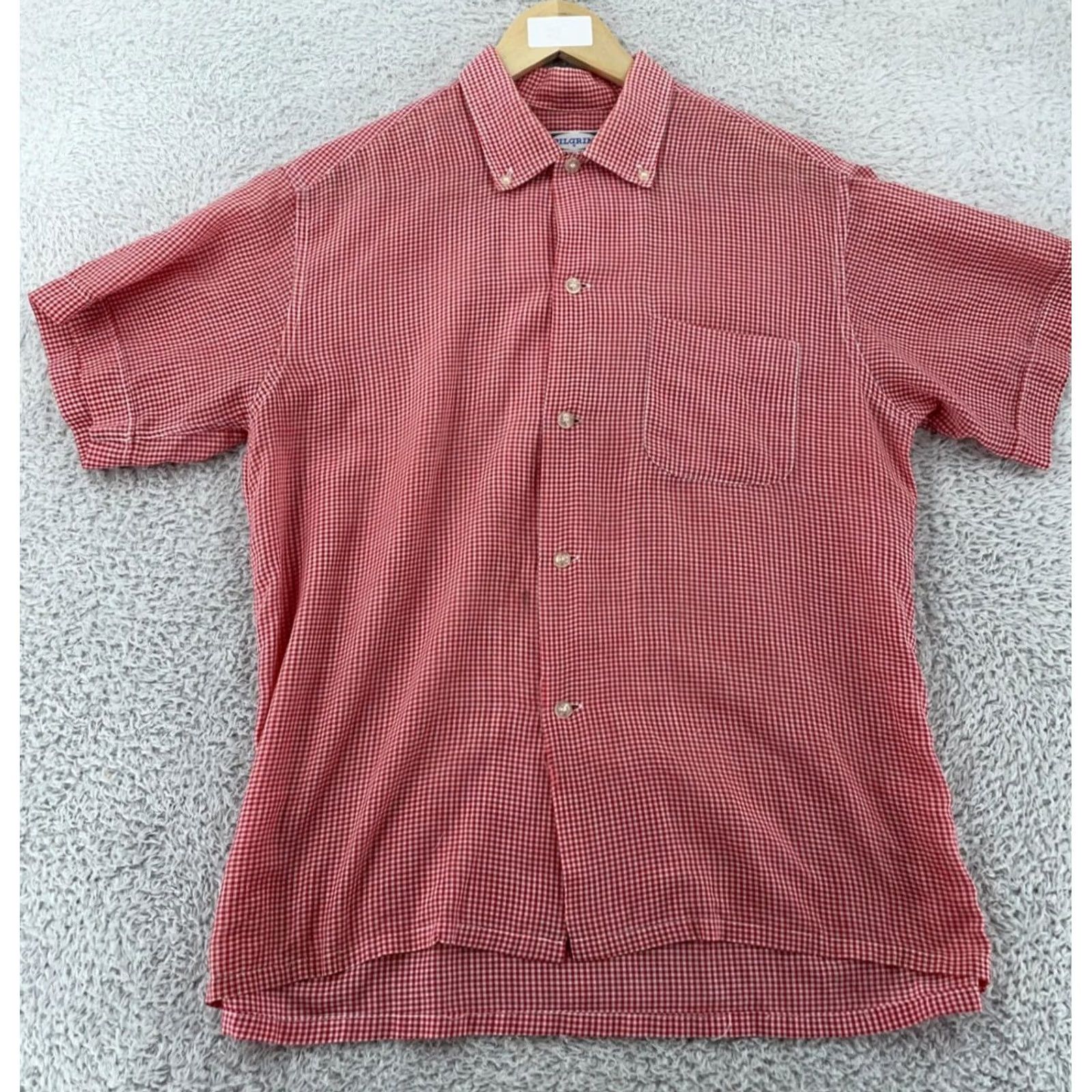 Vintage VINTAGE Pilgrim Dress Shirt Mens FITS L Red Gingham Short Sleeve Button Down Size 40R - 2 Thumbnail