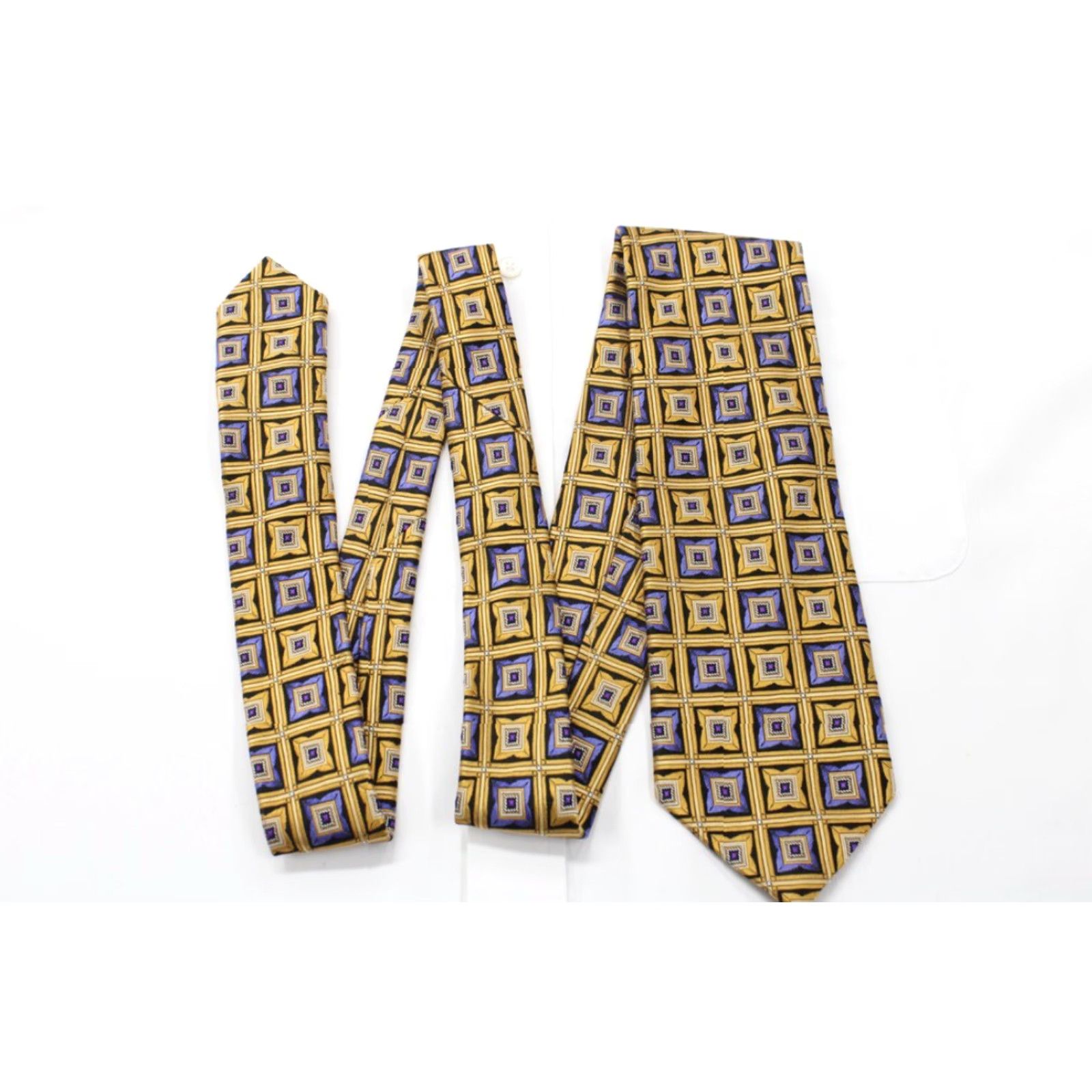 Vintage J Z Richards Silk Necktie Men's Yellow Gold Blue Squares Tie Handmade USA Size ONE SIZE - 3 Thumbnail