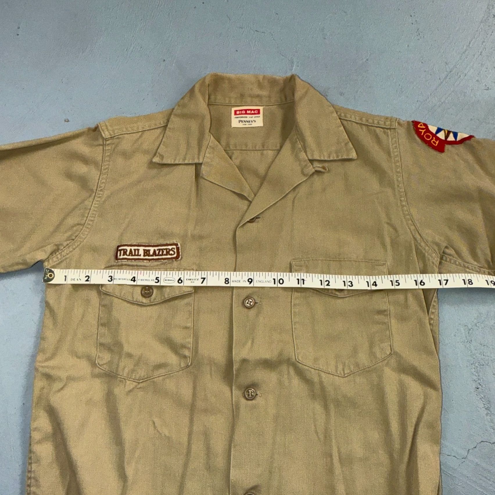 Vintage VINTAGE Big Mac Work Shirt Mens 50s 60s Cotton Tan Long Sleeve 1950s Patch Loop Collar Royal Rangers Size US XS / EU 42 / 0 - 3 Thumbnail