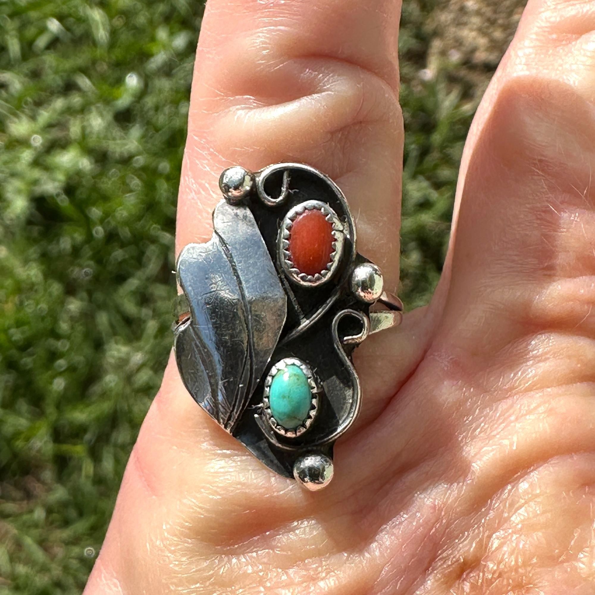 Native Native American Navajo Sterling Silver Turquoise and Coral R Size ONE SIZE - 15 Thumbnail