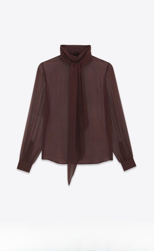 Saint Laurent Paris oc11z1025 Lavalliere Neck Blouse In Crepe Muslin in Brown Size S / US 4 / IT 40 - 2 Thumbnail