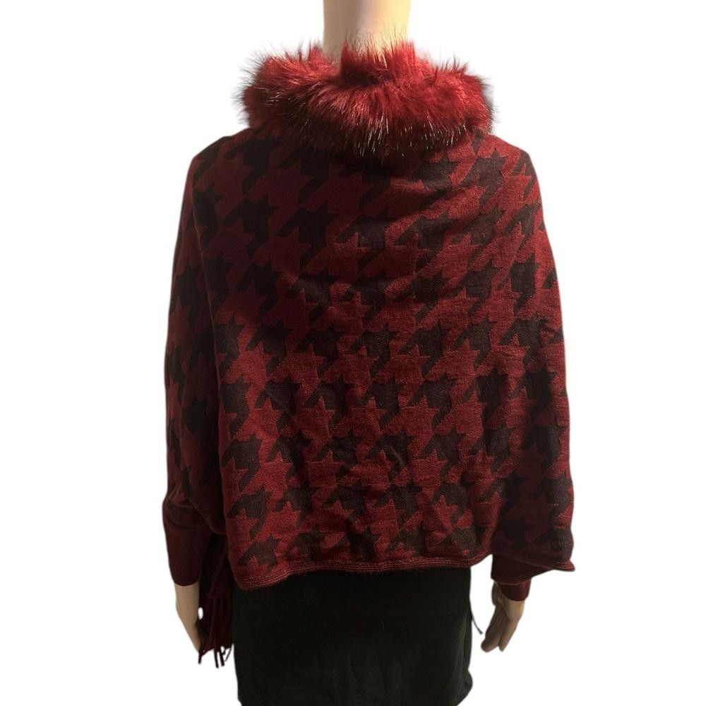Shein Burgundy Houndstooth Poncho with Faux Fur Trim Size ONE SIZE - 4 Thumbnail