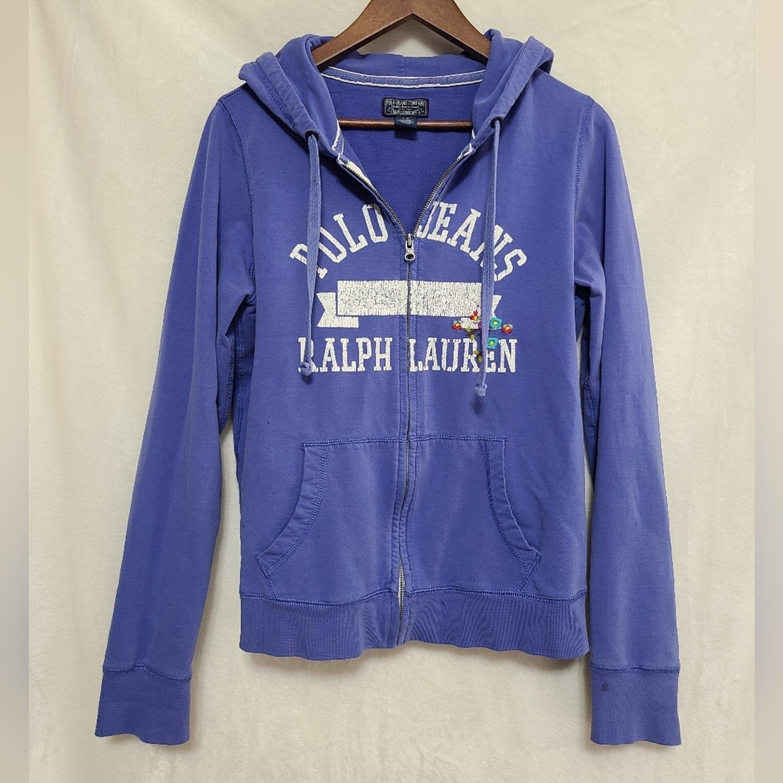 image of Polo Ralph Lauren x Vintage Polo Jeans Co Women's Blue Hoodie Size L