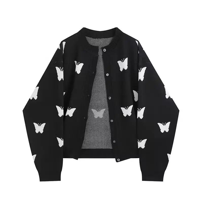 image of Harajuku Butterfly Long Sleeve Cardigan in Black, Men's (Size XL)