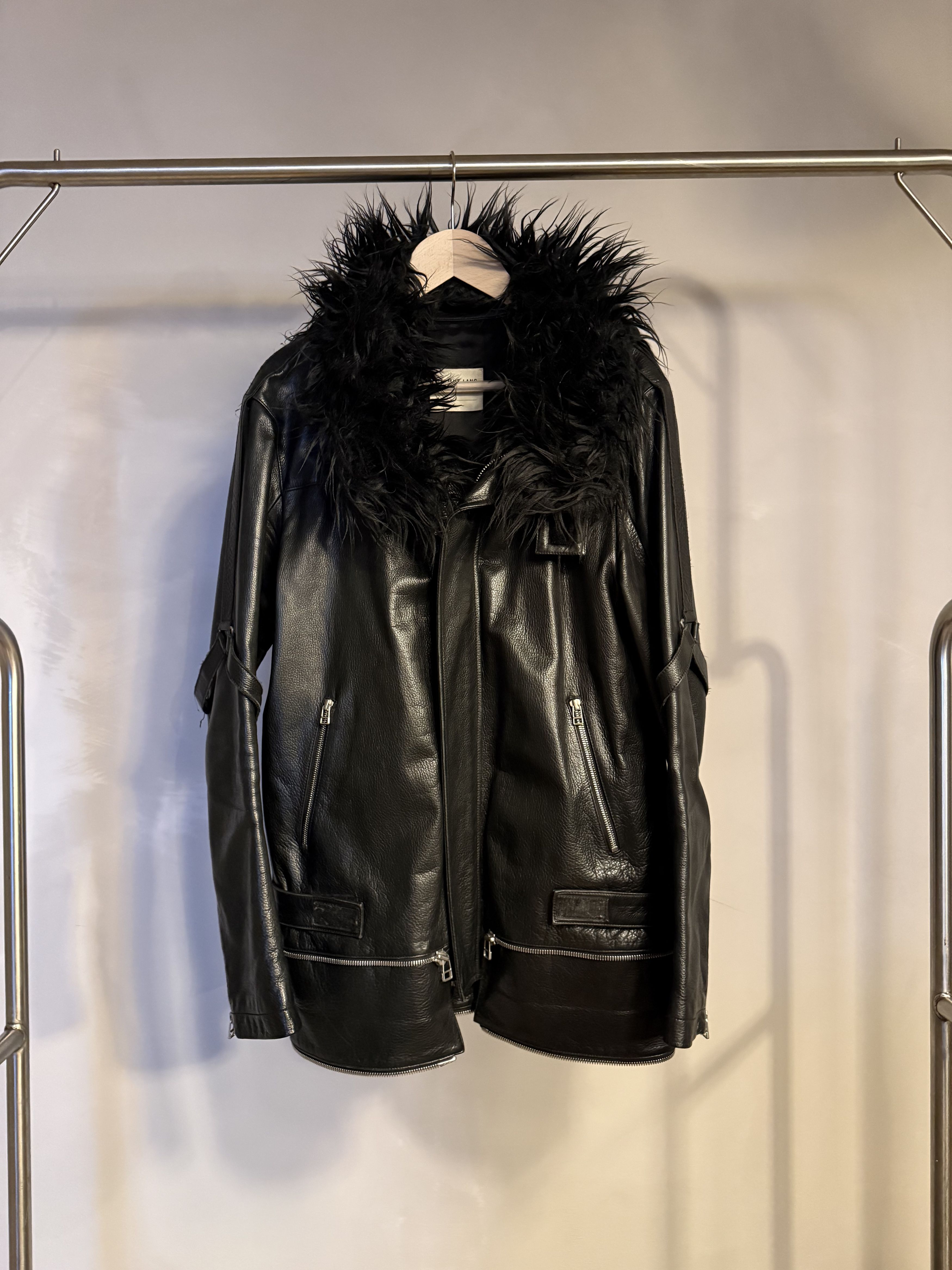 ジャケット・アウター HELMUT LANG drape Sheep Leather Jacket Helmut Lang Black Film Coated Moto Jacket with Faux Fur Trim Size