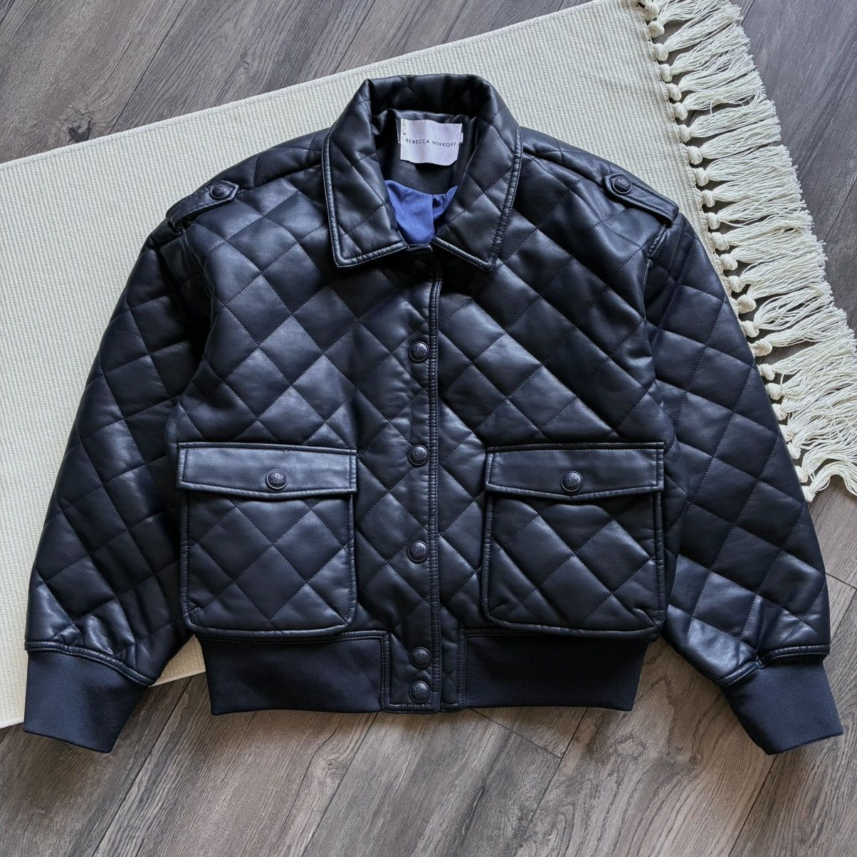 Rebecca Minkoff Diamond Quilted Faux Leather Navy Jacket