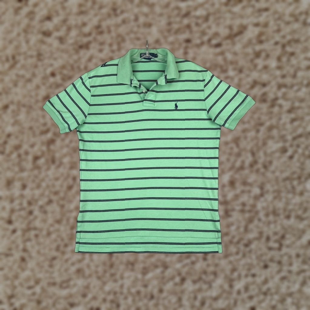 Ralph Lauren VINTAGE Ralph Lauren Polo Shirt Adult Medium Green Stripe 100% Cotton Jersey Short Sleeve Mens Polo Shirt, Green, Striped, 90s Theme Size US M / EU 48-50 / 2 - 1 Thumbnail