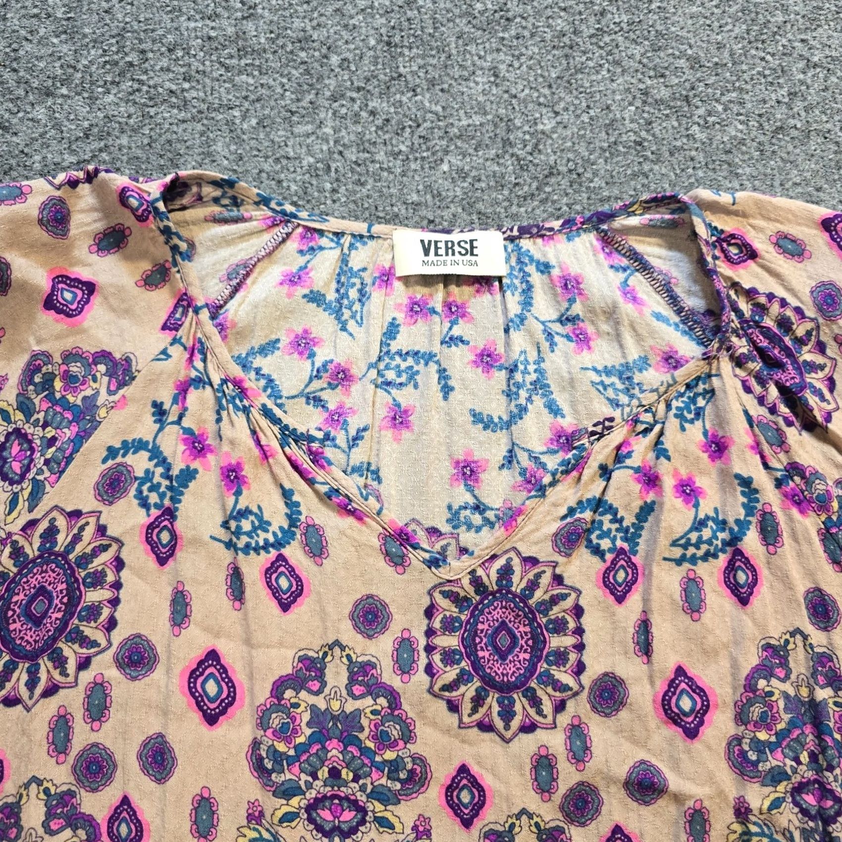 Vintage Verve Top Womens Medium Blouse V-Neck Geometric Peasant Hippie Casual Purple Beige M Size M / US 6-8 / IT 42-44 - 2 Thumbnail