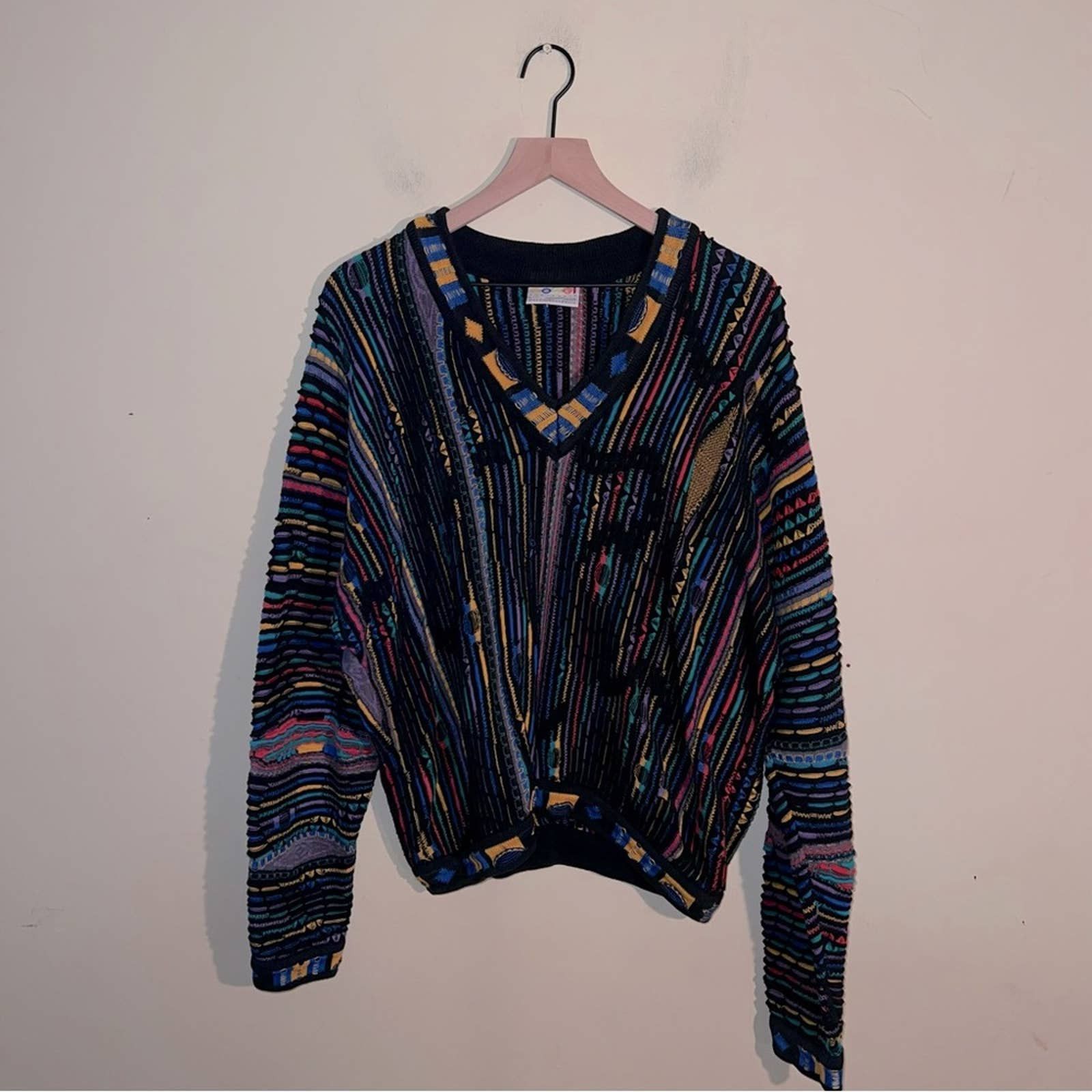 image of Vntg Coogi 90's Tundra Style Rainbow Sweater L in Black, Women's (Size XL)