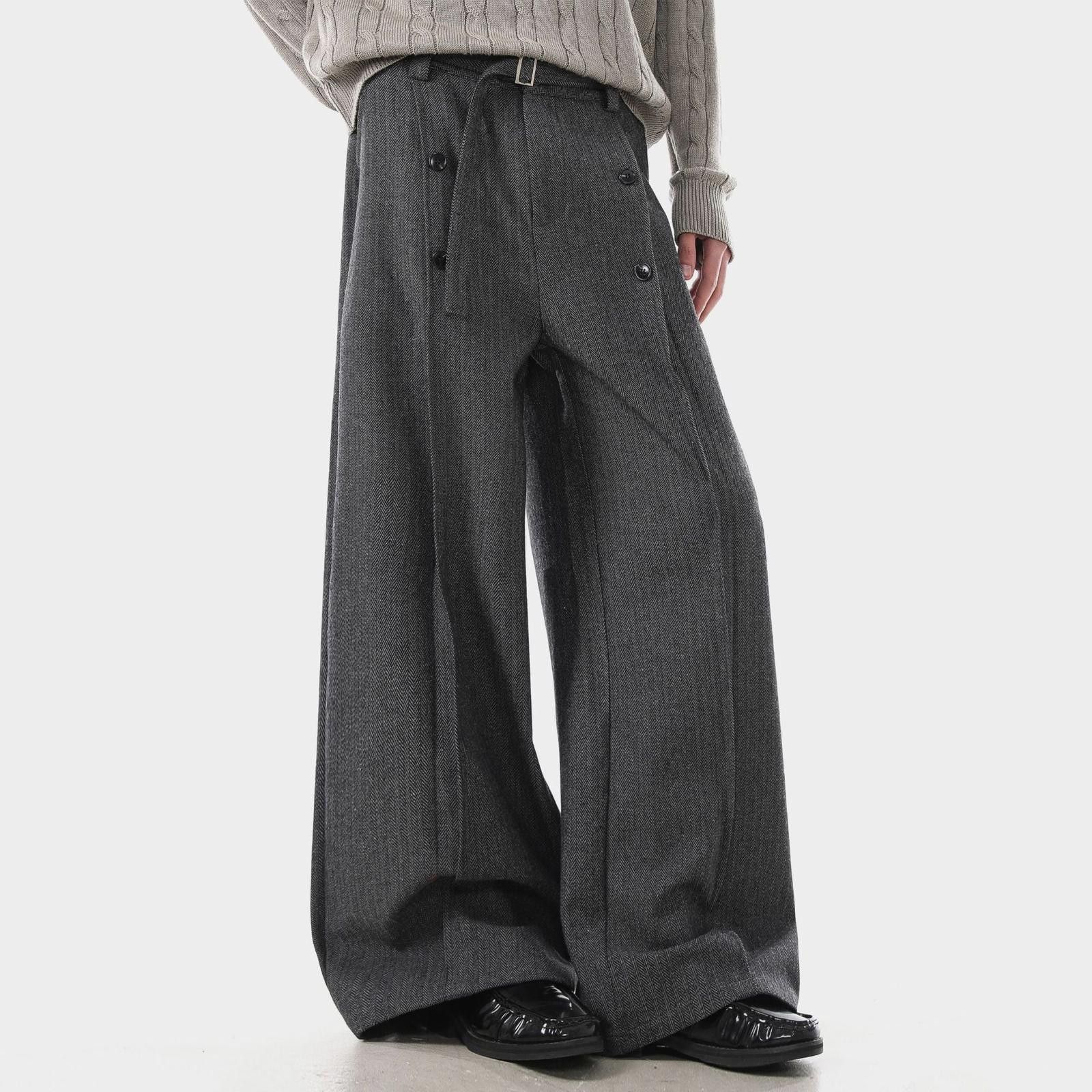Gray Wide Leg Wool Pants Loose Fit Trousers