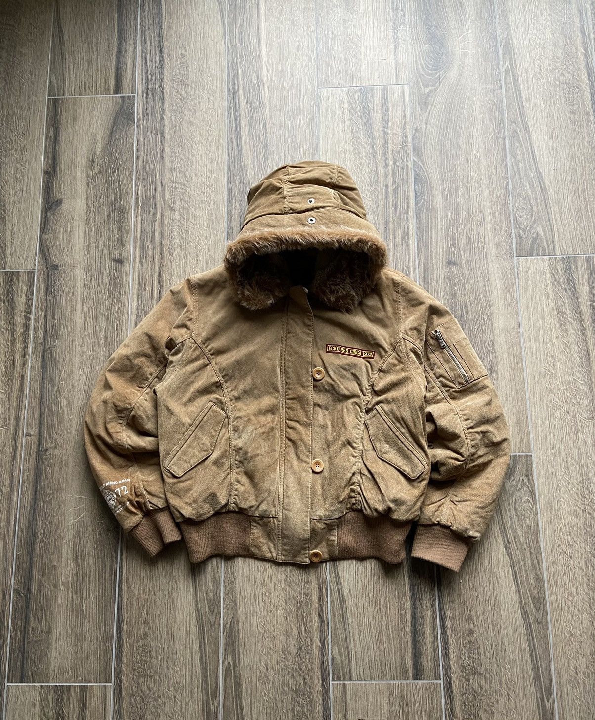 Image of Ecko Unltd x Mark Ecko Vintage Eco Red Circa 1972 Leather Sherpa Y2K Mens (Size Large)