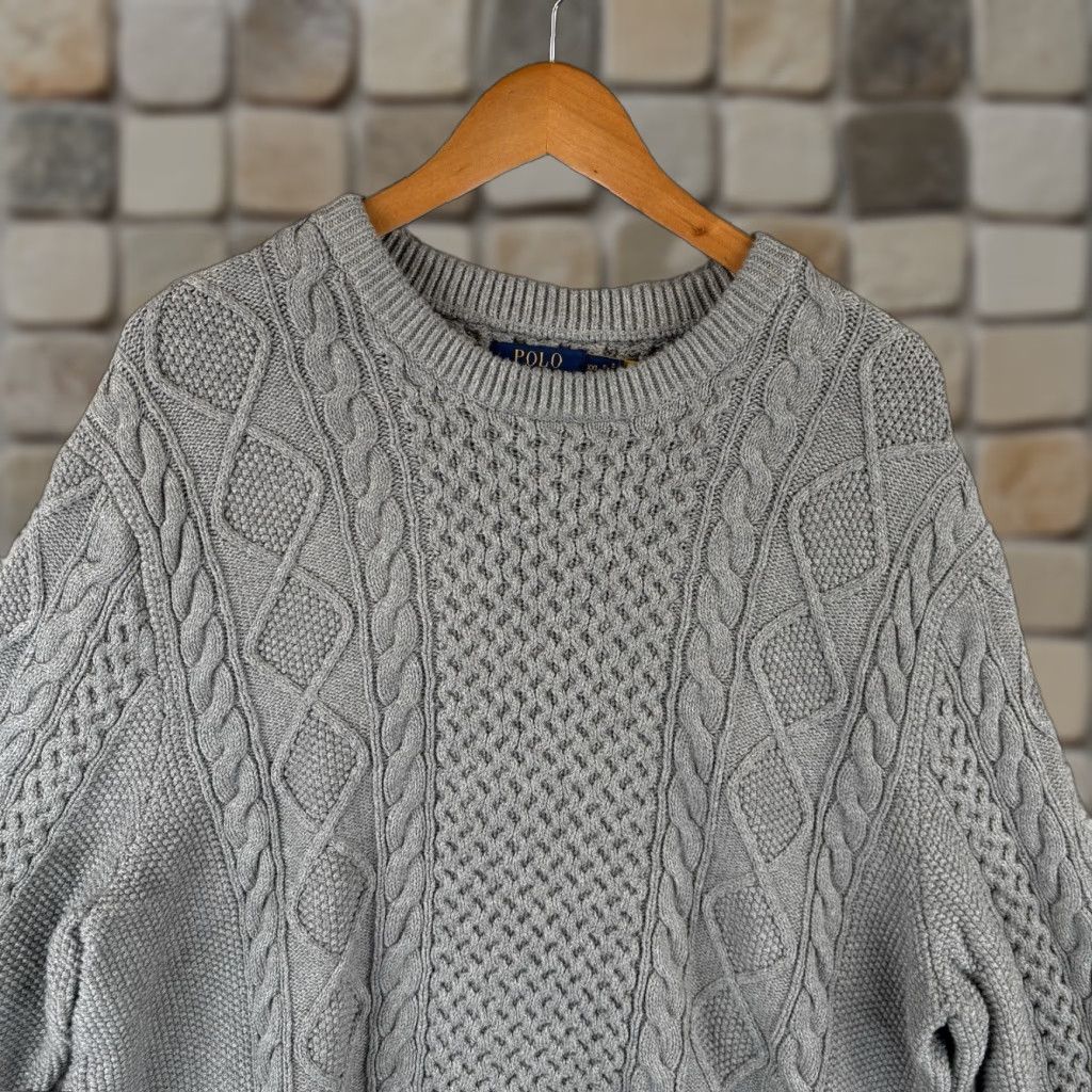 Polo Ralph Lauren VINTAGE Polo Ralph Lauren Sweater Mens 2XL Gray Cotton Aran Cable Knit Fisherman Sweater Nautical University Mens Size US XXL / EU 58 / 5 - 1 Thumbnail