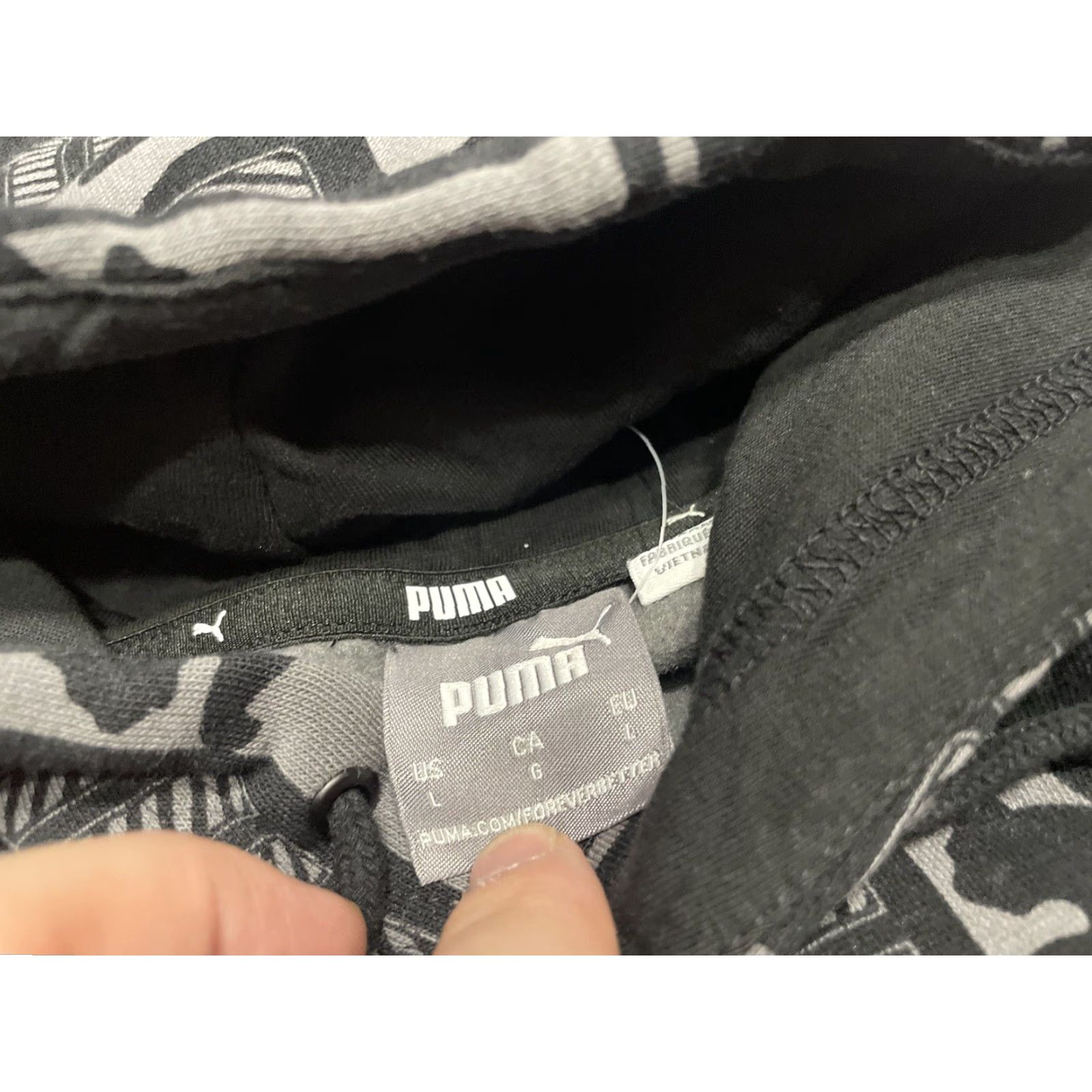 Puma PUMA Hoodie Mens L Grey Black All Over Print Drawstring Pullover Geometric Logo Pocket Breathable Hooded Classic Outdoor Size US L / EU 52-54 / 3 - 2 Thumbnail