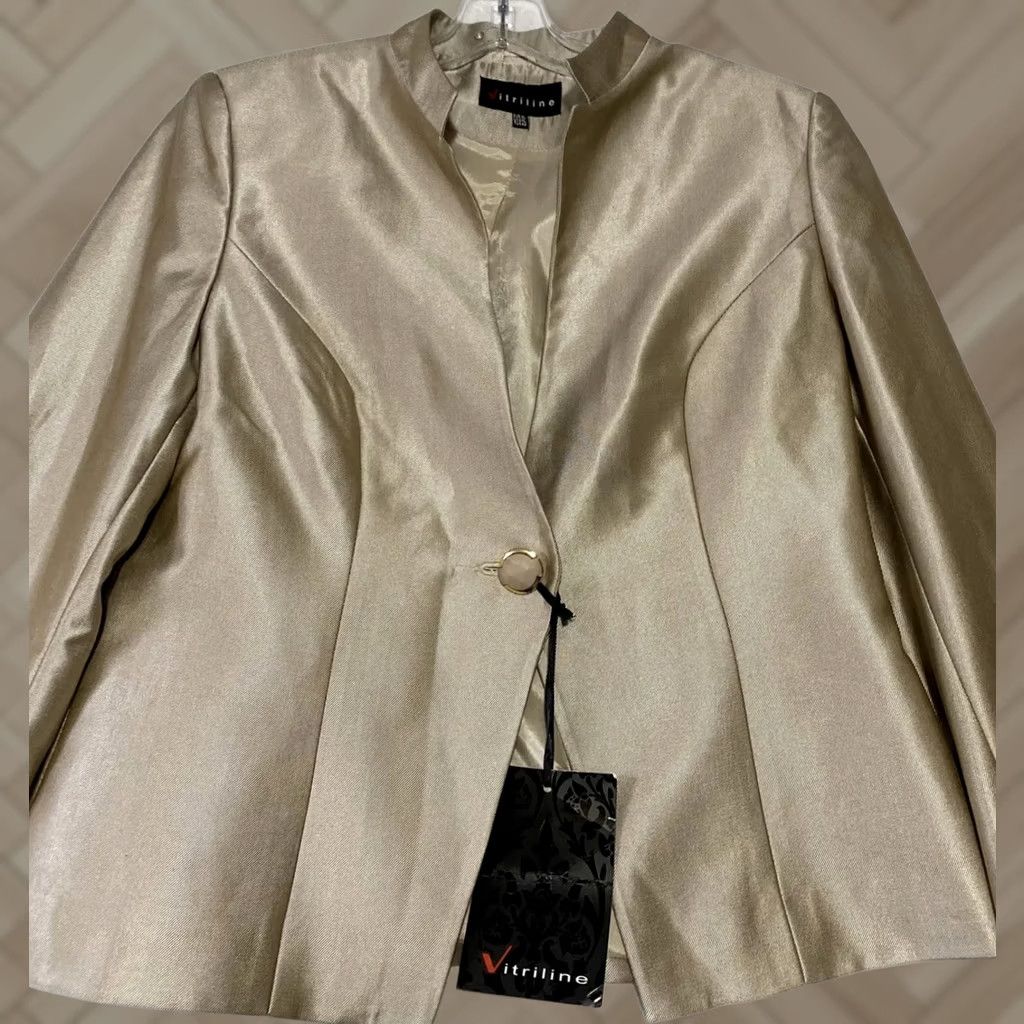 Vintage Vitriline Blazer Suit Jacket Women’s XL Workwear GOLD shinny / 28-30 Tan Leather Notch Lapel Lined Single-Breasted/Front Flat Front Size XL / US 12-14 / IT 48-50 - 1 Thumbnail