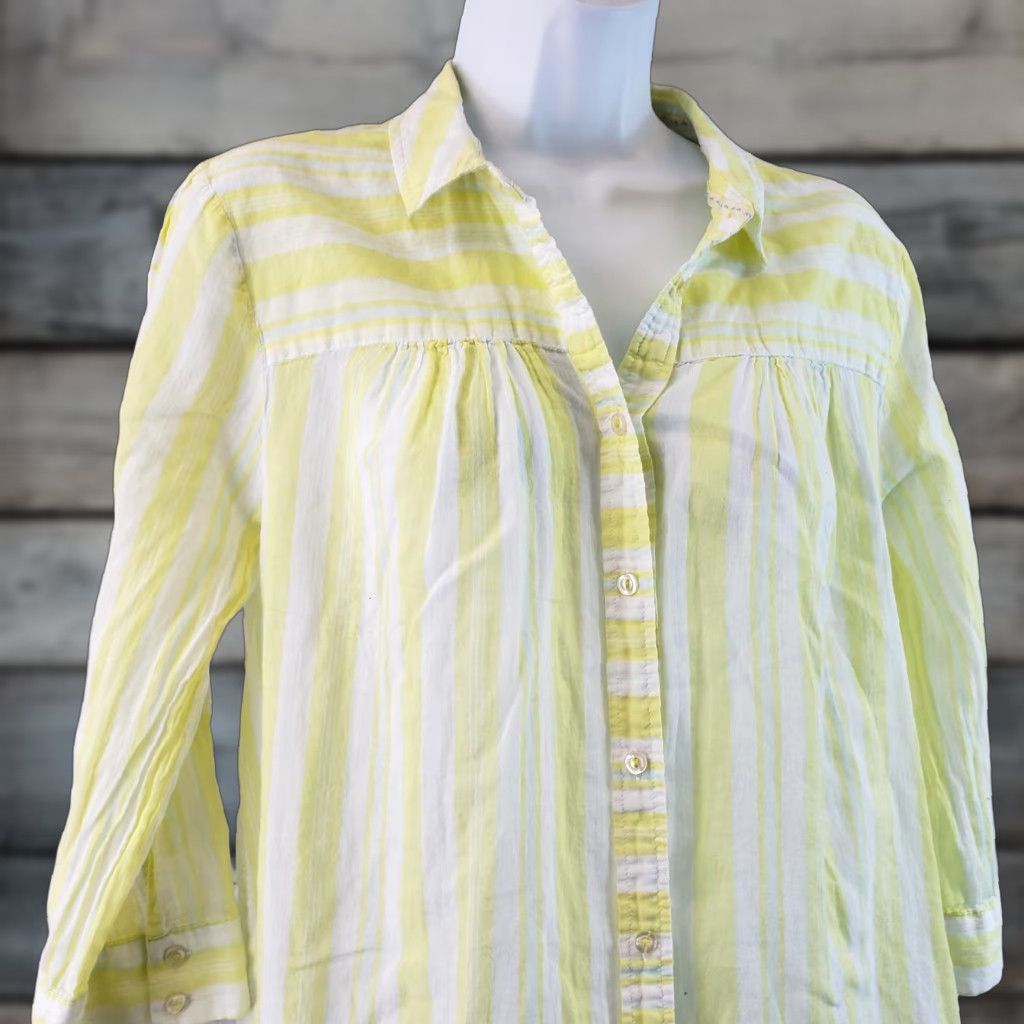 Vintage Edme & Esyllte Womens Button Front Top Sz 10 Yellow White Stripes 3/4 Sleeve Shirt Casual Womens Size L / US 10 / IT 46 - 1 Thumbnail