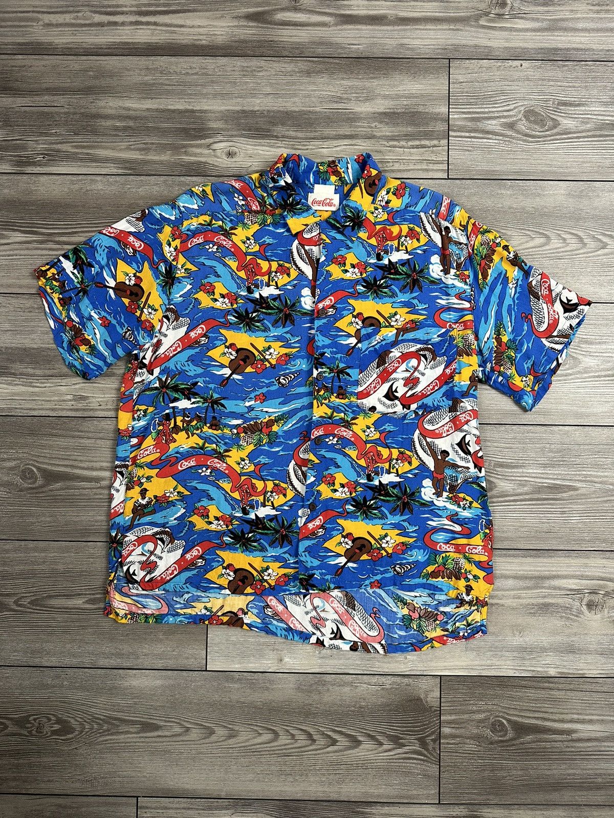 Coca Cola × Vintage Crazy 80’s Coca Cola Rayon Hawaiian Button Up Shirt Size US M / EU 48-50 / 2 - 1 Thumbnail