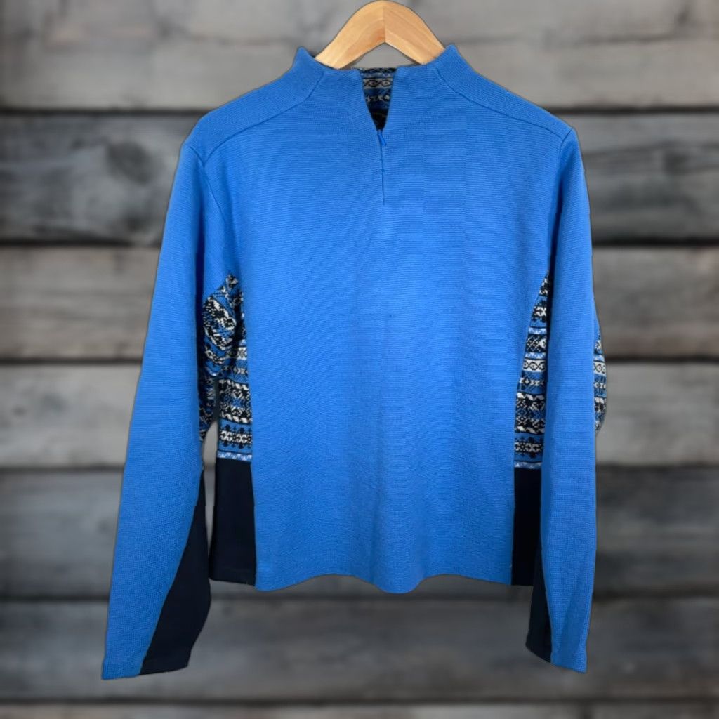 Obermeyer VINTAGE Obermeyer Women's XL Blue Black Panel 1/4 Zip Fair Isle Trim Wool Blend Sweater Pullover Knit Ski Size XL / US 12-14 / IT 48-50 - 1 Thumbnail