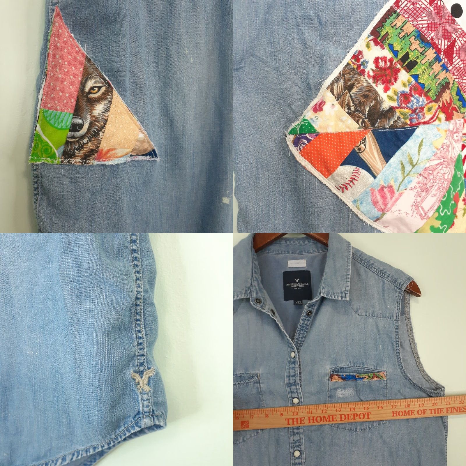 American Eagle Outfitters VINTAGE Chambray Cut Off Shirt Vest Quilt Patches Pearl Snap Paint Splatter L Size L / US 10 / IT 46 - 8 Thumbnail