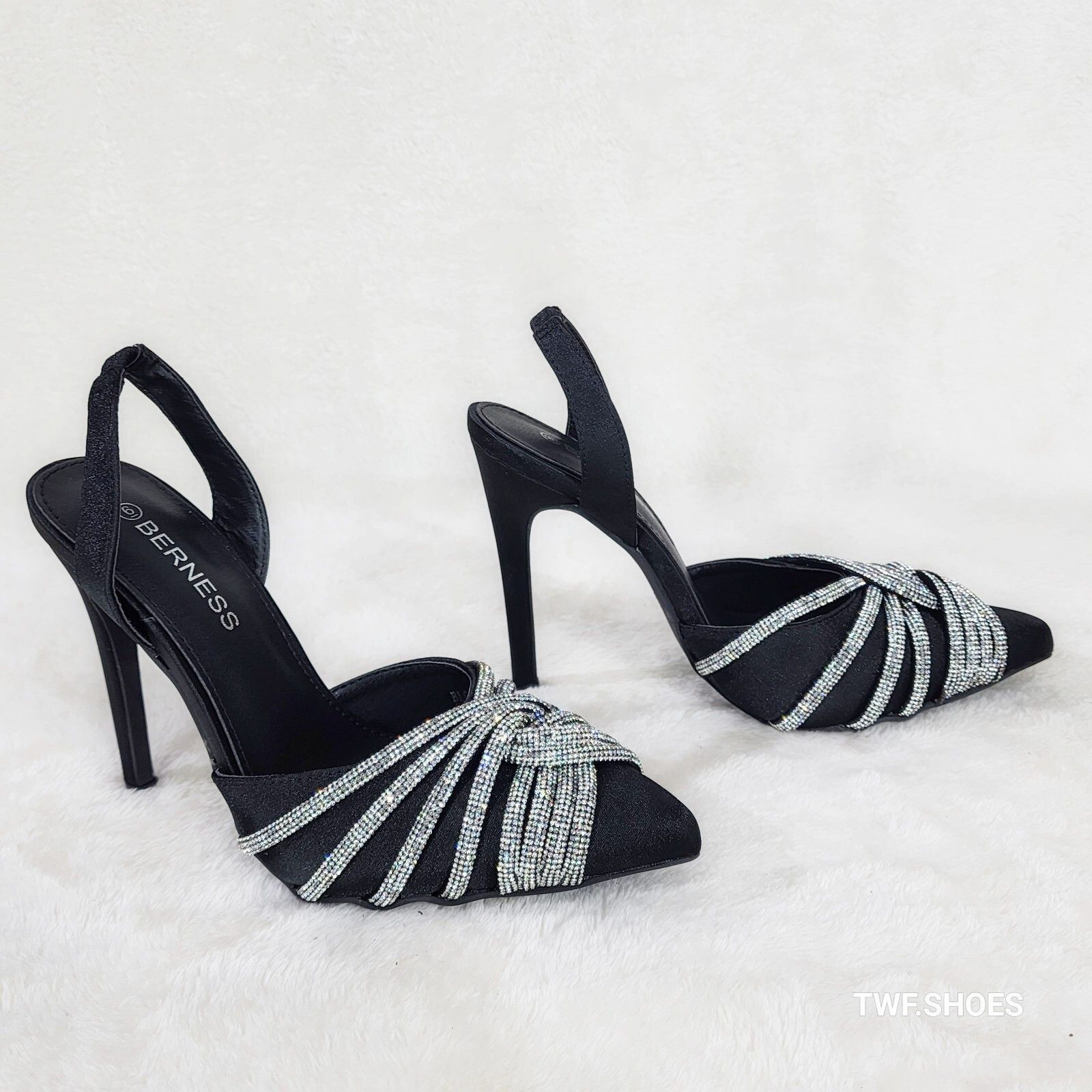 Other Elegance Slip on Slingback Black Satin Rhinestone Pointy Toe Size US 11 / IT 41 - 9 Thumbnail