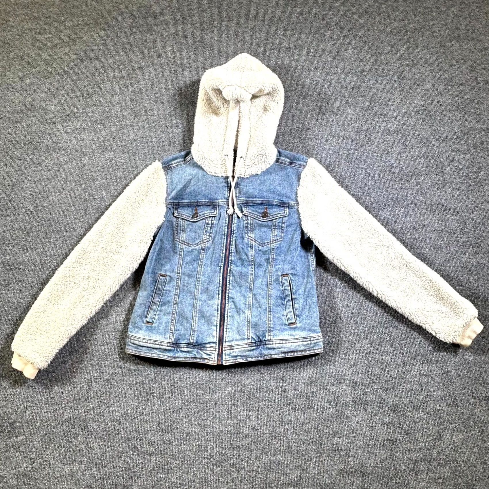 Vintage Maurices Jacket Womens Small Blue Denim Cotton Sherpa Hooded Full Zip Winter Size S / US 4 / IT 40 - 2 Thumbnail