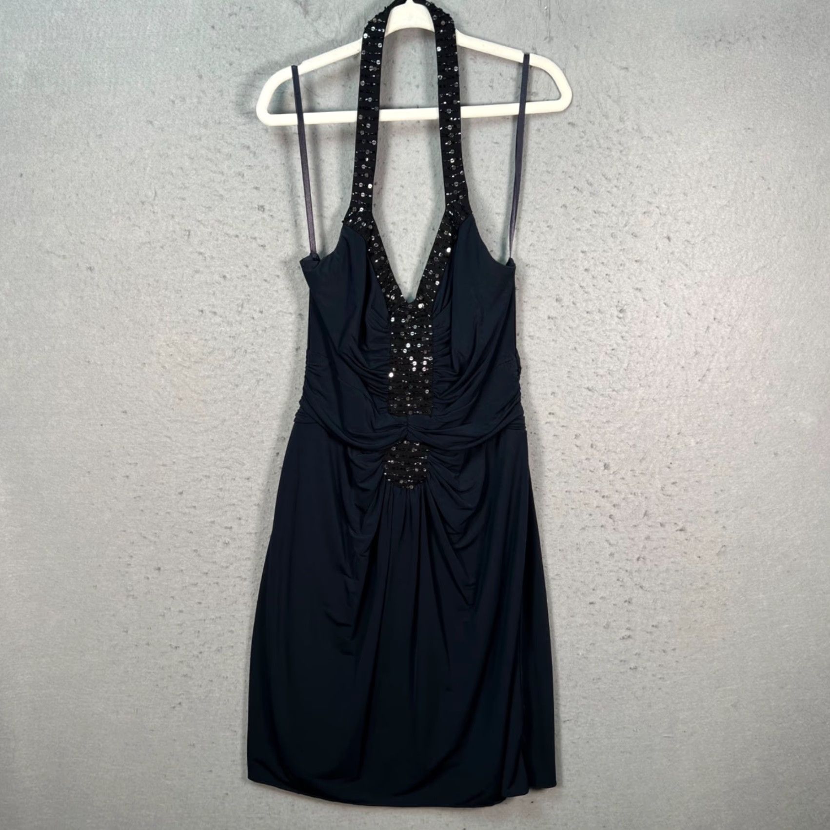 BCBGMAXAZRIA Womens XS Black Halter Dress Sleeveless Sequin Ruching Party  Mini Dress Short Bodycon Dress Women