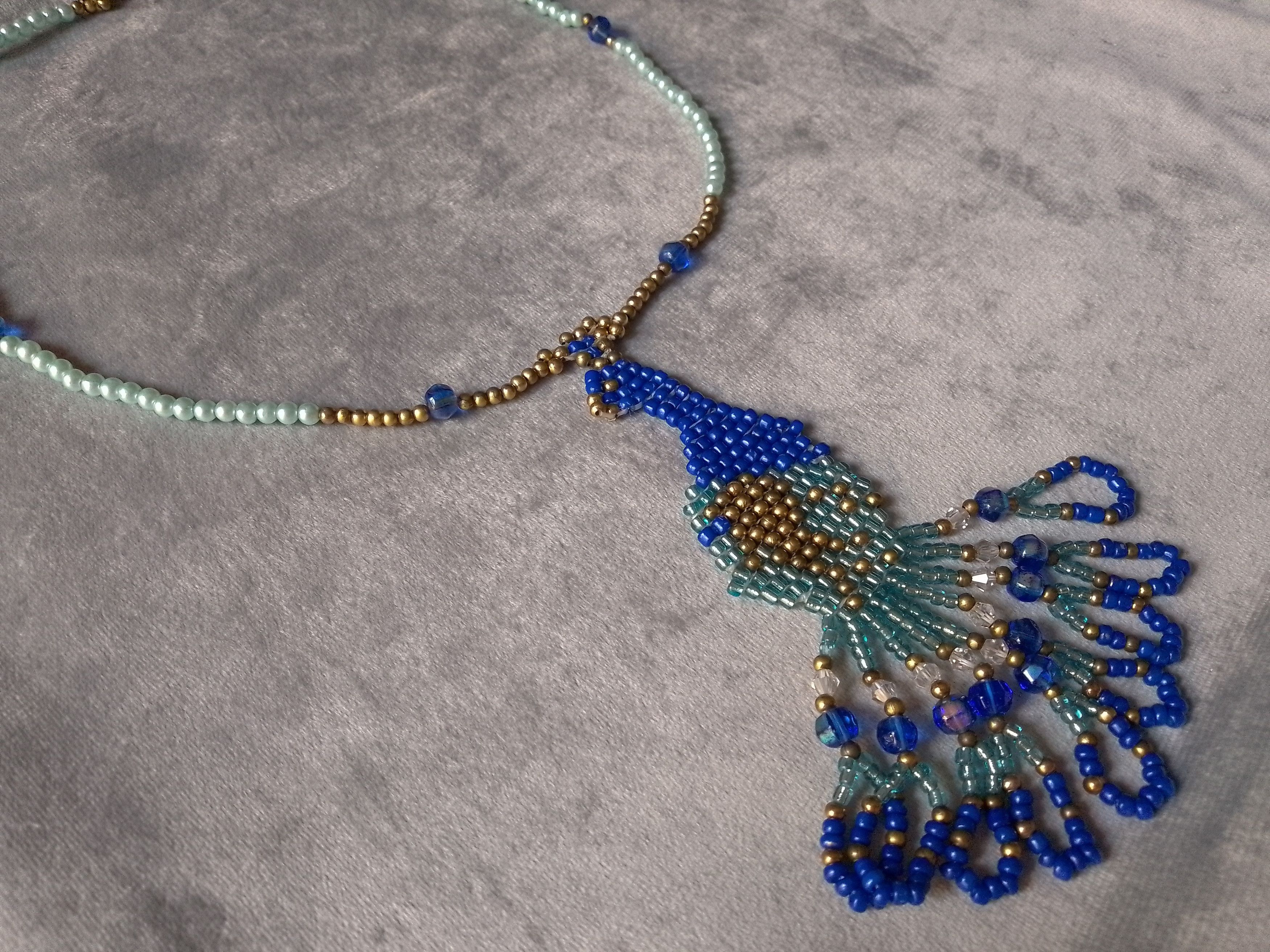 Handmade Necklace Pearls Blue Turquoise Peacock Pendant Embroidered Size ONE SIZE - 2 Thumbnail
