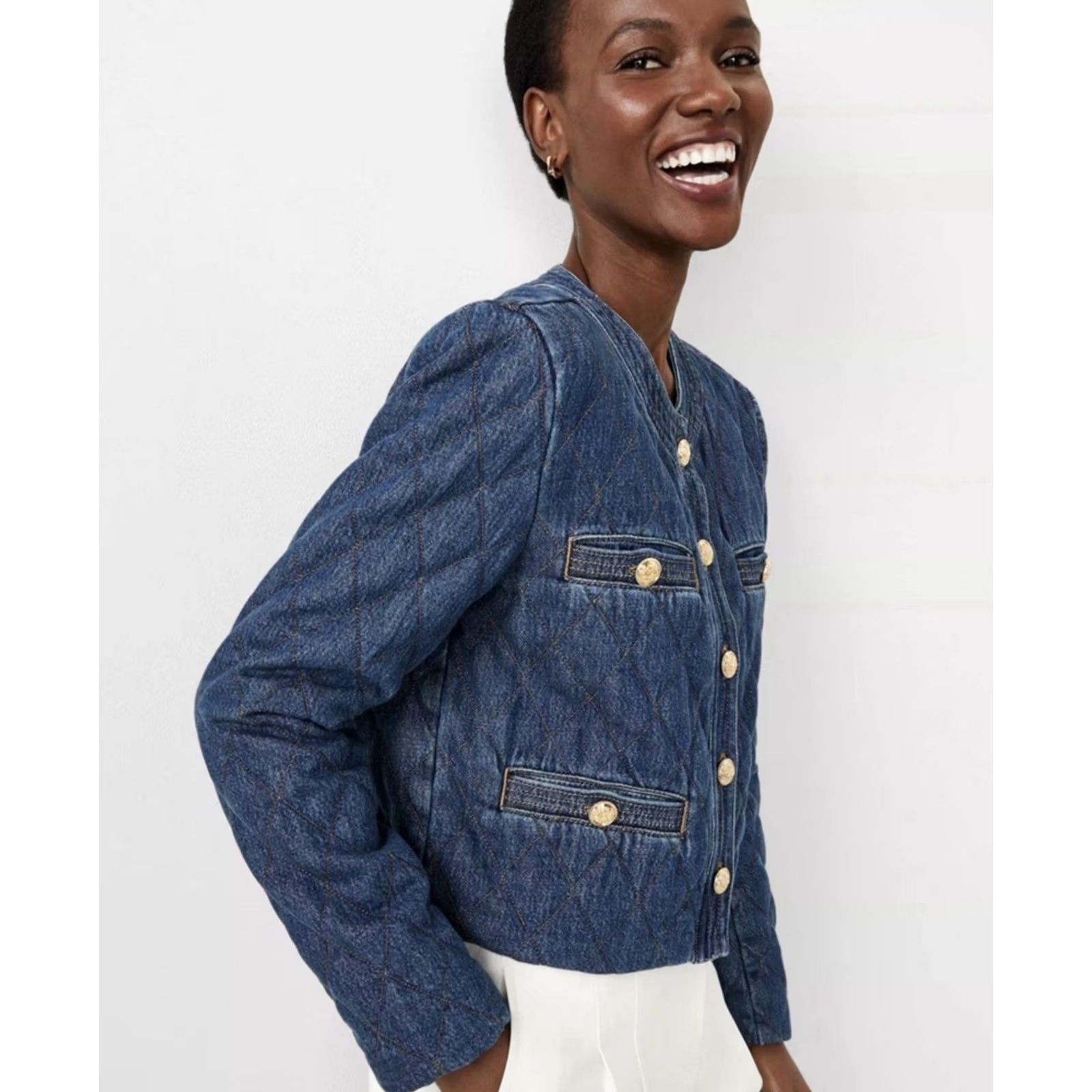Ann Taylor NWT Ann Taylor Quilted Denim Jacket Petite XL Cropped Dark Wash Blue Button Pocket Collarless Lightweight Lined Short Jacket Women Size XL / US 12-14 / IT 48-50 - 2 Thumbnail