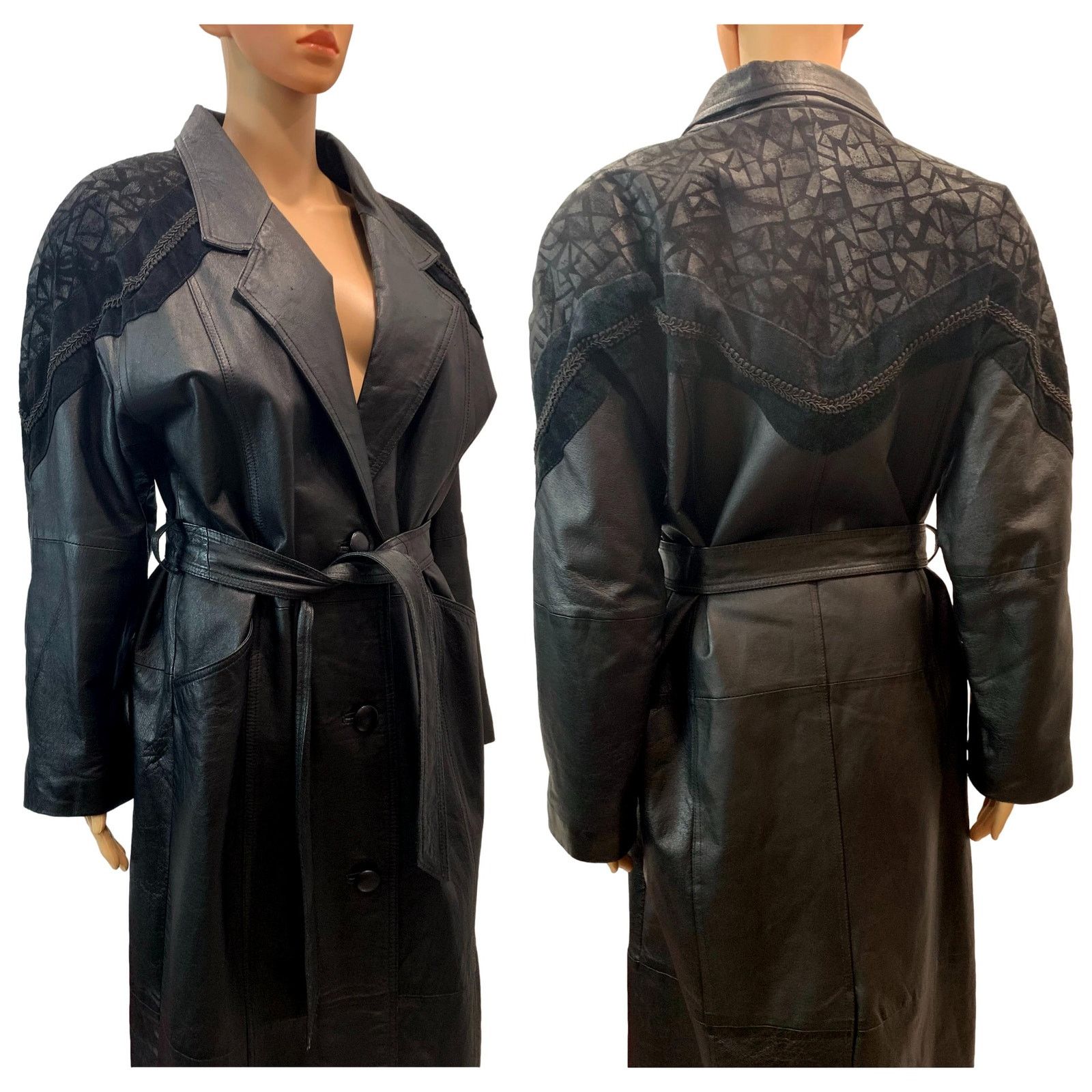 Vintage 90s BLACK Leather & Suede Maxi Trench Coat w Belt | Sm Size S / US 4 / IT 40 - 2 Thumbnail