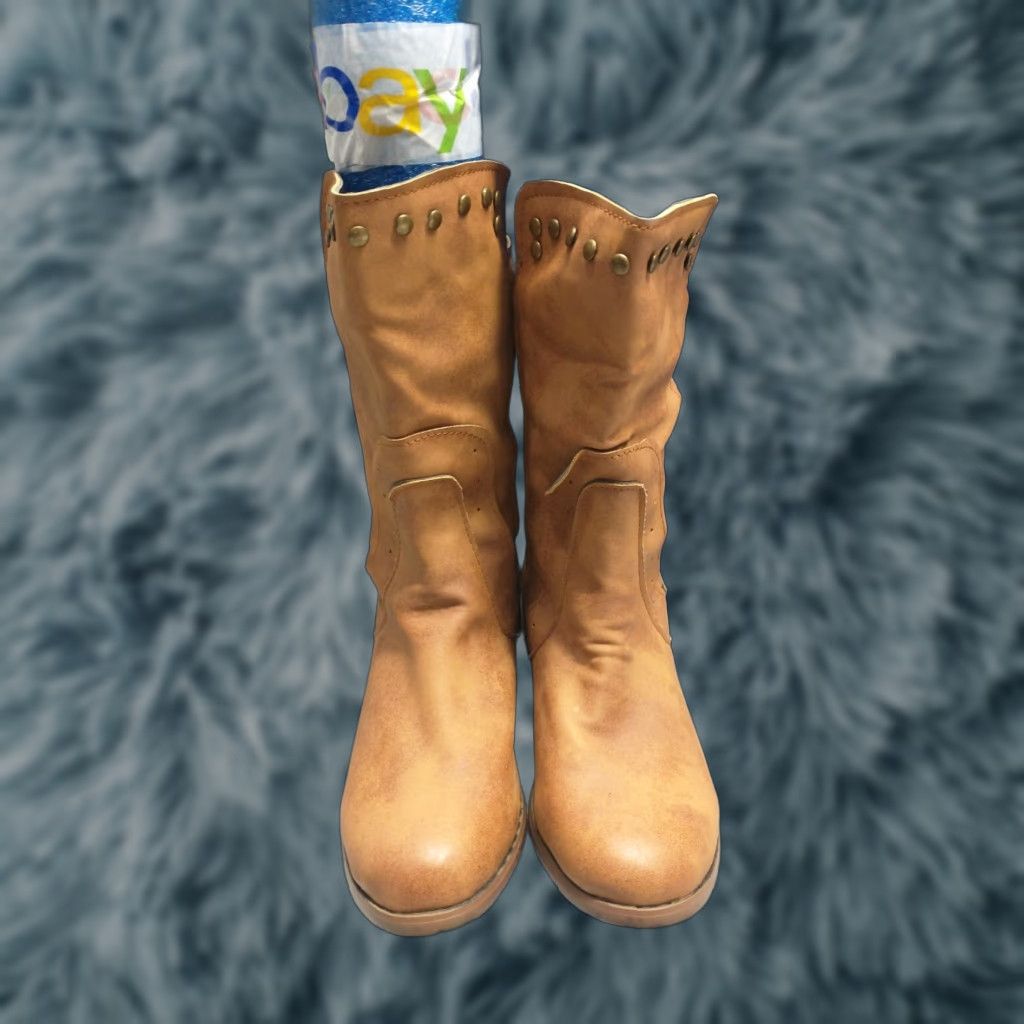 Vintage Womens Size 9 Tan Studded Block Heel Round Toe Back Zip Pull On Boots Size US 9 / IT 39 - 1 Thumbnail