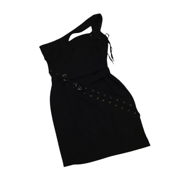 L.A.M.B. L.A.M.B Mini Bodycon Dress Lace Up Buckles One Shoulder Blac Size XS / US 0-2 / IT 36-38 - 1 Thumbnail