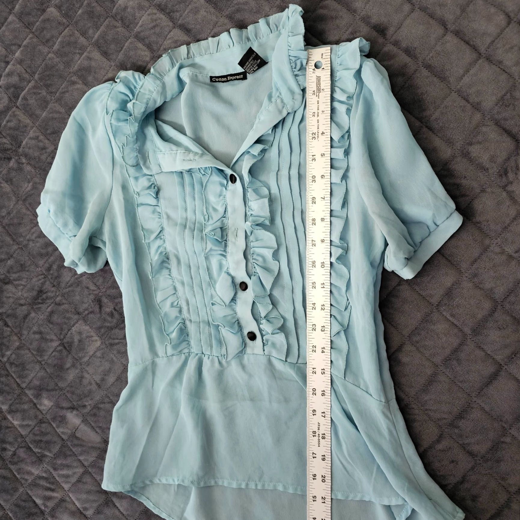 Express VINTAGE Cotton Express Blouse Button Shirt Blue Silk Ruffled Short Sleeve M 80s Womens Size M / US 6-8 / IT 42-44 - 5 Thumbnail