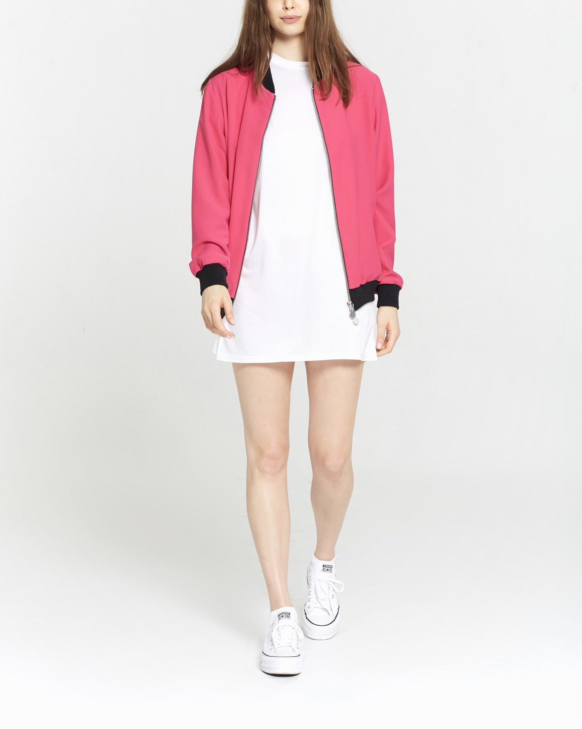 image of Frank Debourge The Limited Edition Silk& Crepe Bomber" In Fushia Pink in Fuchsia, Women's (Size Med