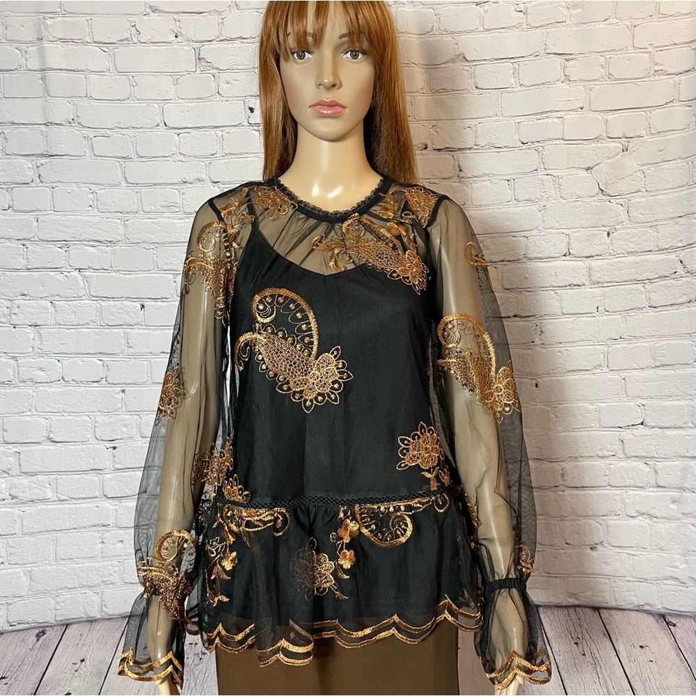 Other NWT New Fever Embroidered Mesh Long Sleeve Black Gold Top B Size XS / US 0-2 / IT 36-38 - 2 Thumbnail