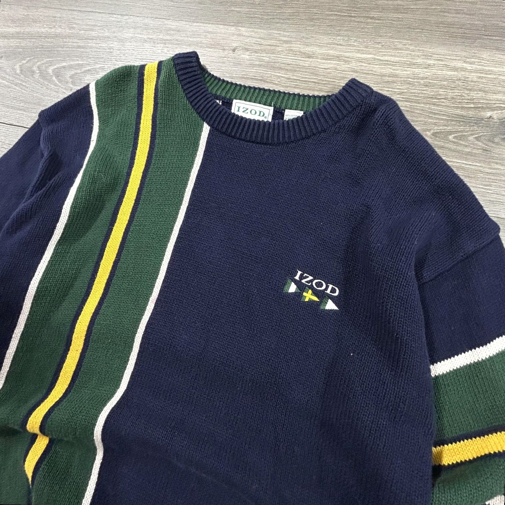 Izod VINTAGE Izod Sweater Mens M Navy Green Striped Cotton Nautical Preppy Pullover Crew Neck Knit Size US M / EU 48-50 / 2 - 3 Thumbnail