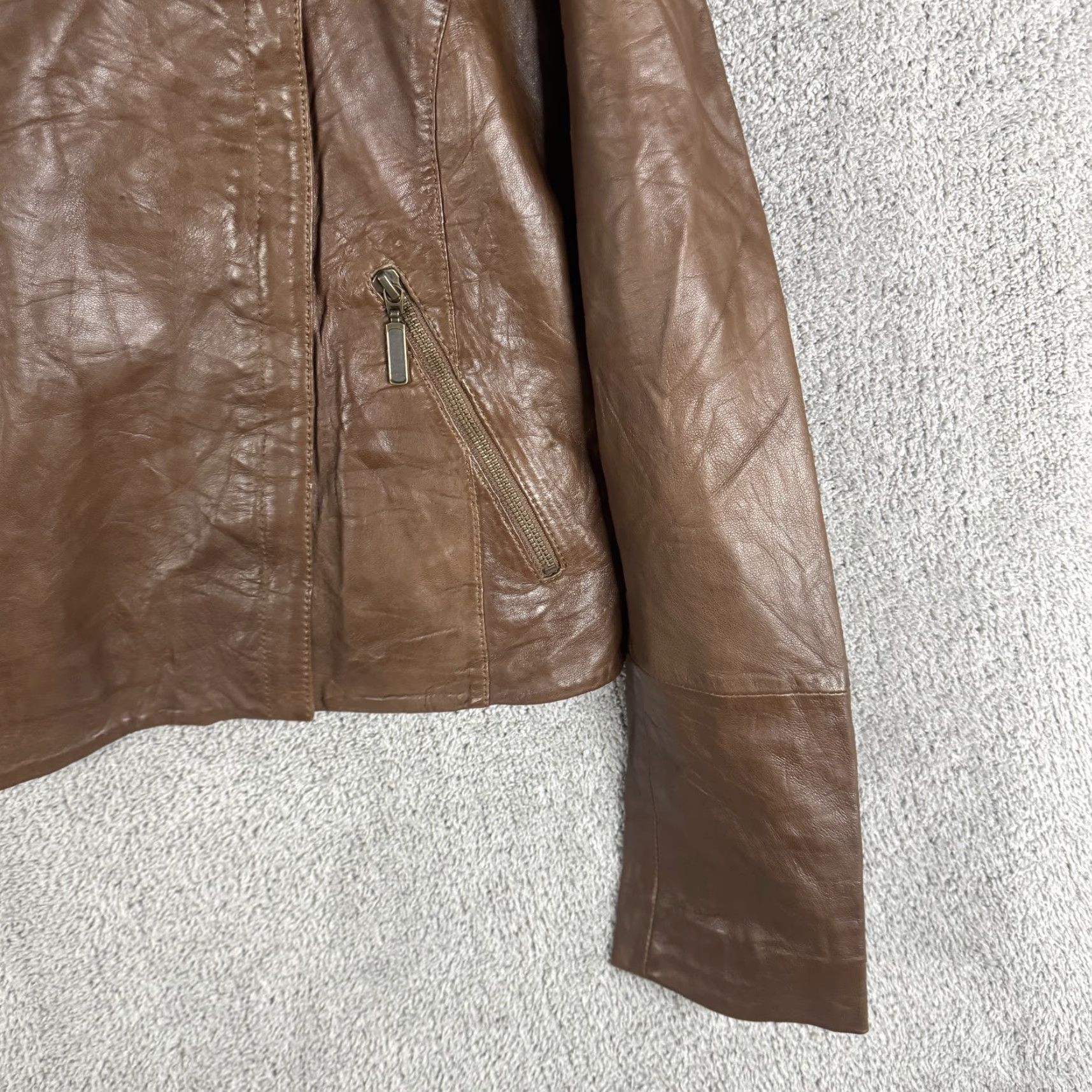 Vintage Halogen Leather Jacket Womens L Brown Moto Asymmetrical Zip Pockets Lined Jacket Size L / US 10 / IT 46 - 3 Thumbnail